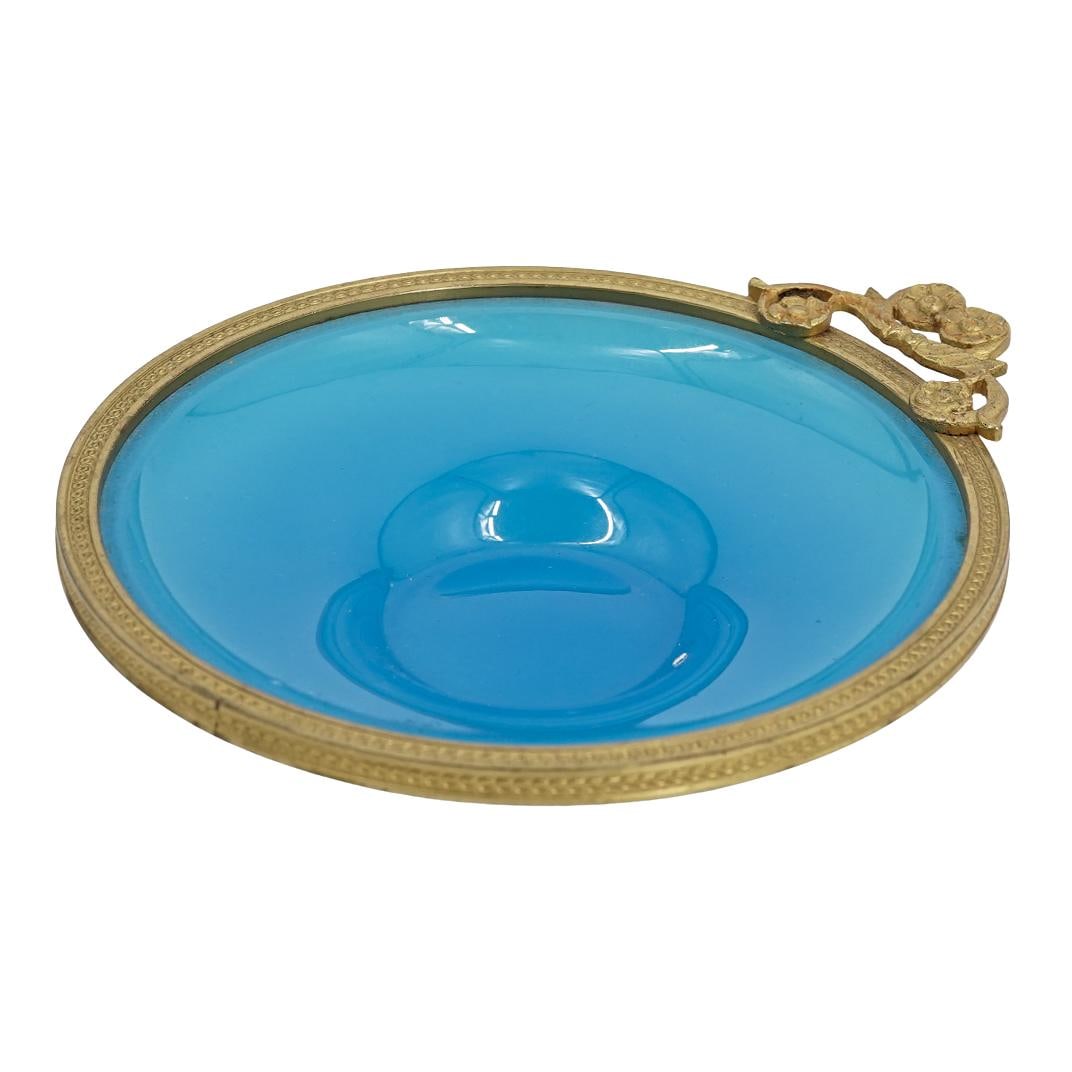 Antique Bronze Mounted Blue Opaline Glass Bowl: Antique Bronze Mounted Blue Opaline Glass Bowl 19th century, France Opaline glass , popular in 19th-century France, is a semi-opaque, hand-blown glass that often features bronze mounting. 5.25"