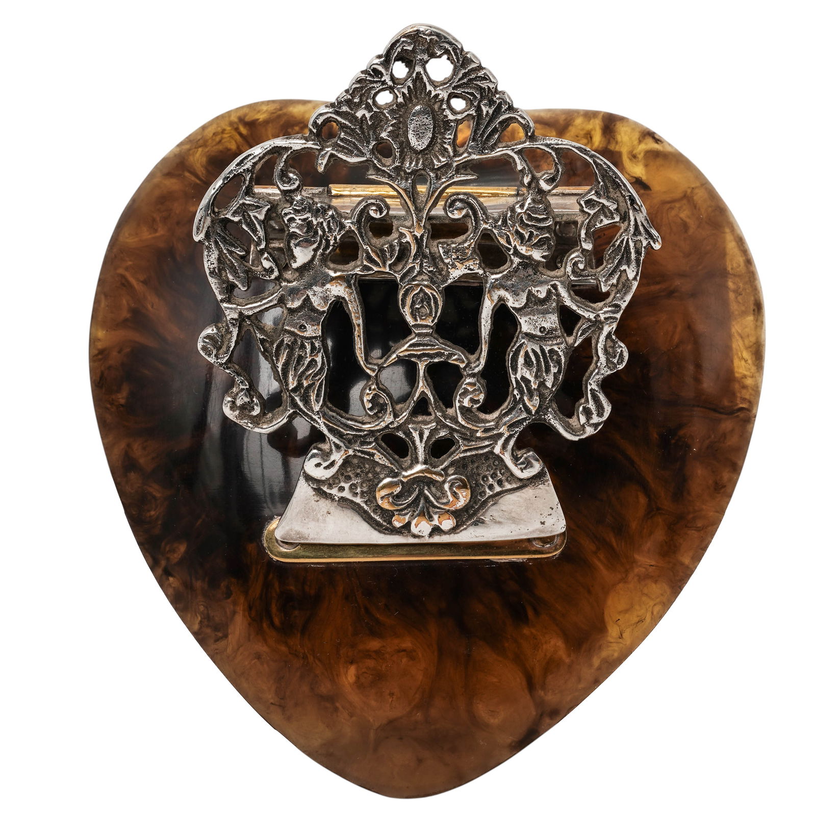 Antique Silver Plated and Turtle-Hued Desk Clip: Antique Silver Plated and Turtle-Hued Desk Clip Late 19th-early 20th century An antique silver-plated and turtle-hued bakelite desk clip with a mermaid design. H 2" x L 4.375" x W 4.25"