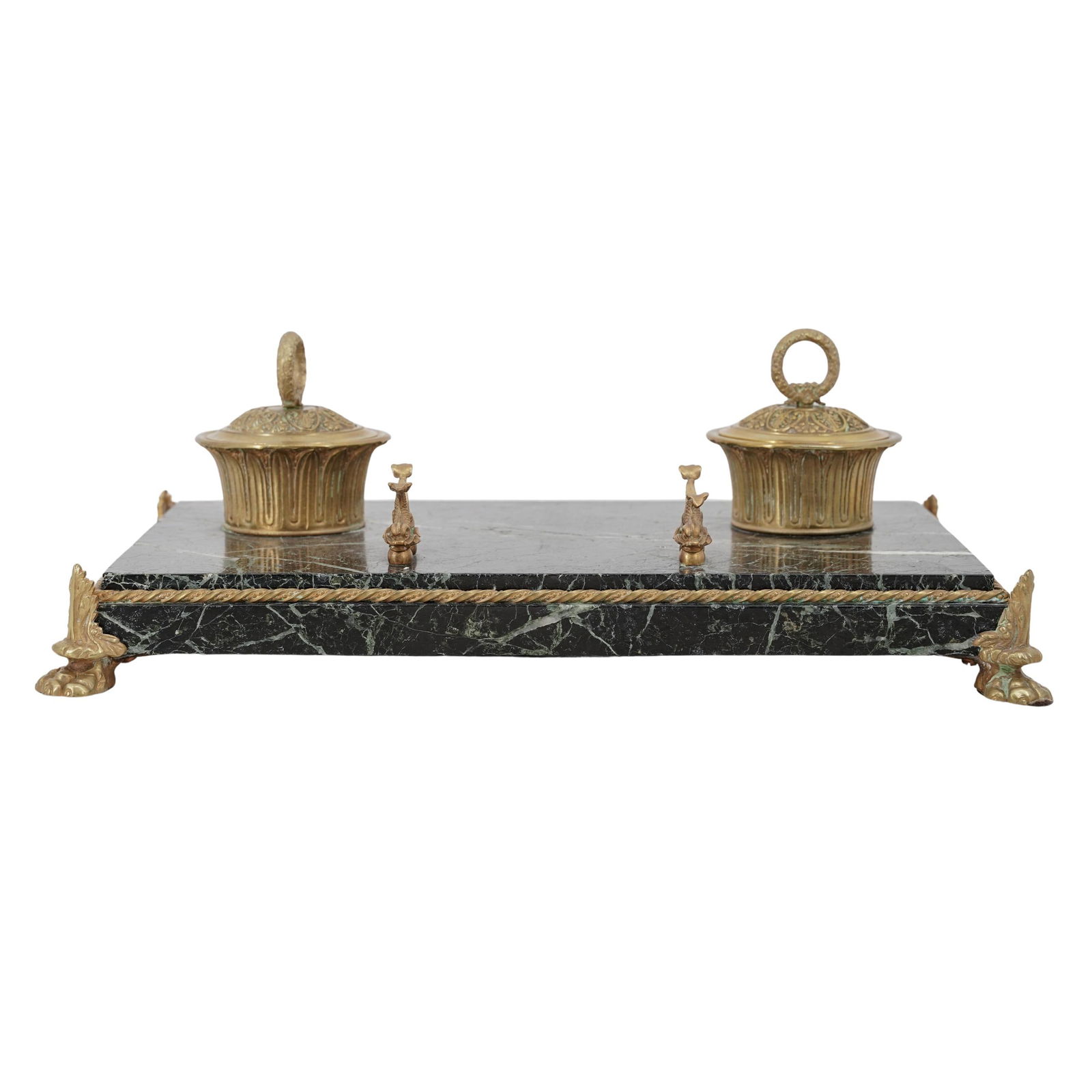 Antique French Empire Marble and Gilt Bronze Inkwell: Antique French Empire Marble and Gilt Bronze Inkwell Late 19th-early 20th century, French An antique French Empire style marble and gilt bronze inkwell. Two gilt bronze wells with fish sculpted quill