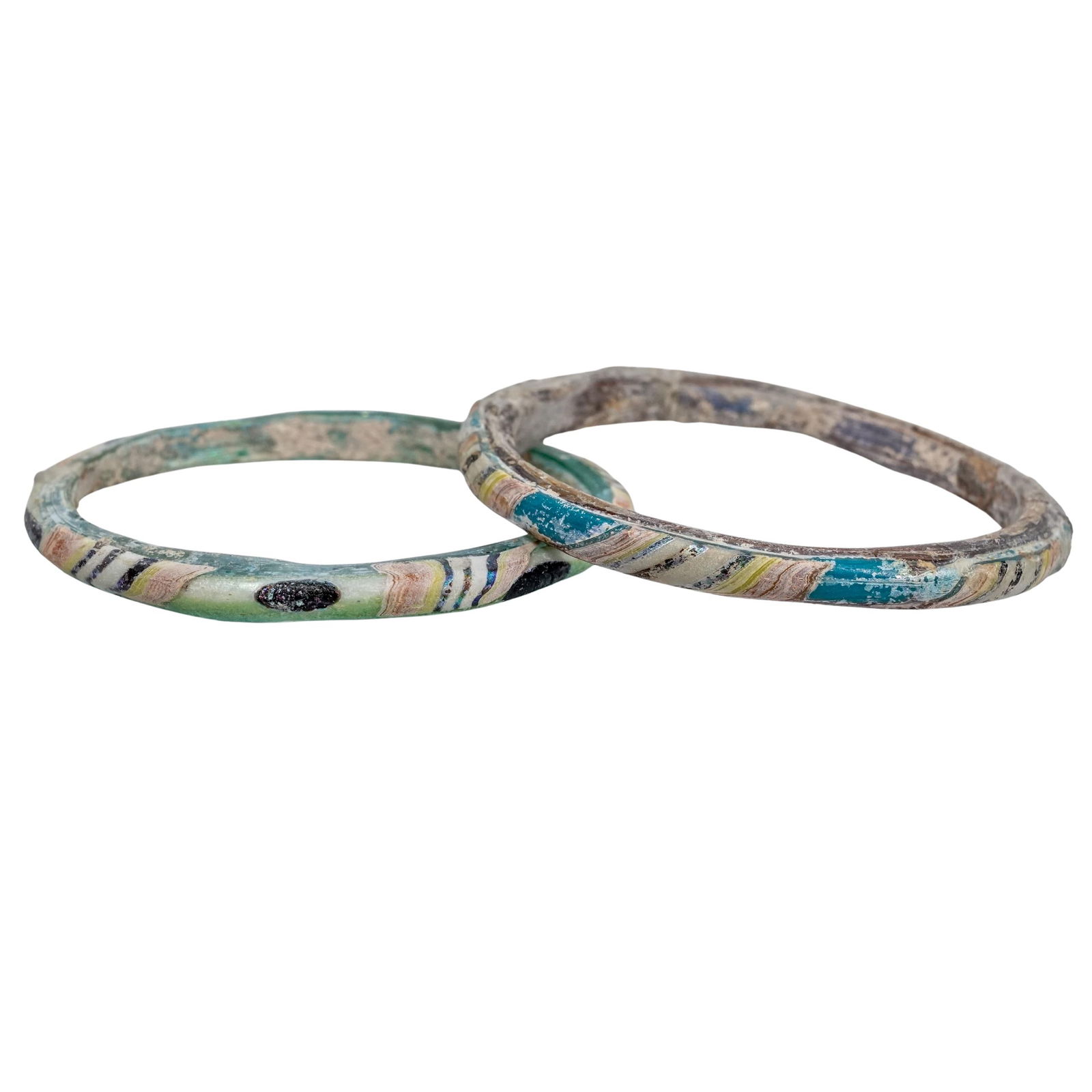 (2 pcs) Ancient Roman Glass Cuff Bracelets: (2 pcs) Ancient Roman Glass Cuff Bracelets Italian A set of two ancient Roman glass cuff bracelets. Size 6.75-7". Diameter 2.75"