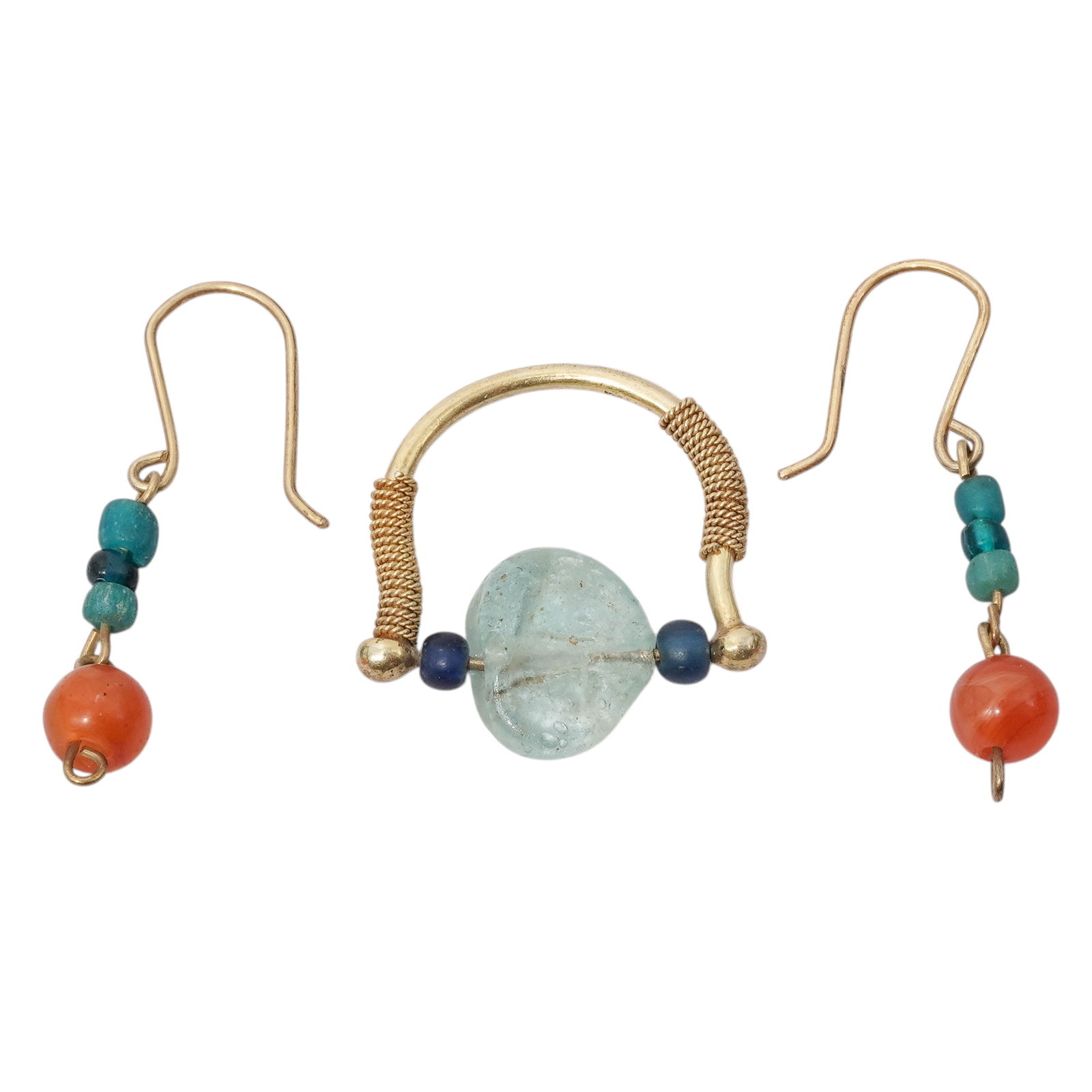 (3 pcs) Etruscan Gold Plated Earrings and Ring: (3 pcs) Etruscan Gold Plated Earrings and Ring Late 19th-early 20th century A set of two gold plated earrings with stone beading and a gold plated ring with stone beading. Pendant L 1" x Earrings L