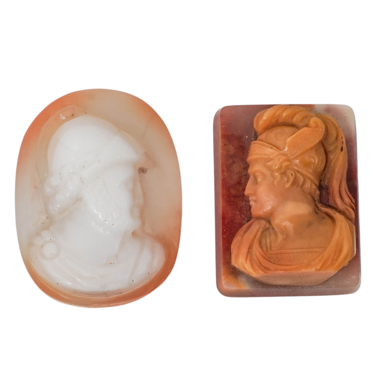 (2 pcs) Antique Carved Relief Agate Cameos: (2 pcs) Antique Carved Relief Agate Cameos Late 19th-early 20th century A set of two Neoclassical relief carved agate cameo pieces. L .75"-1" x W .75"