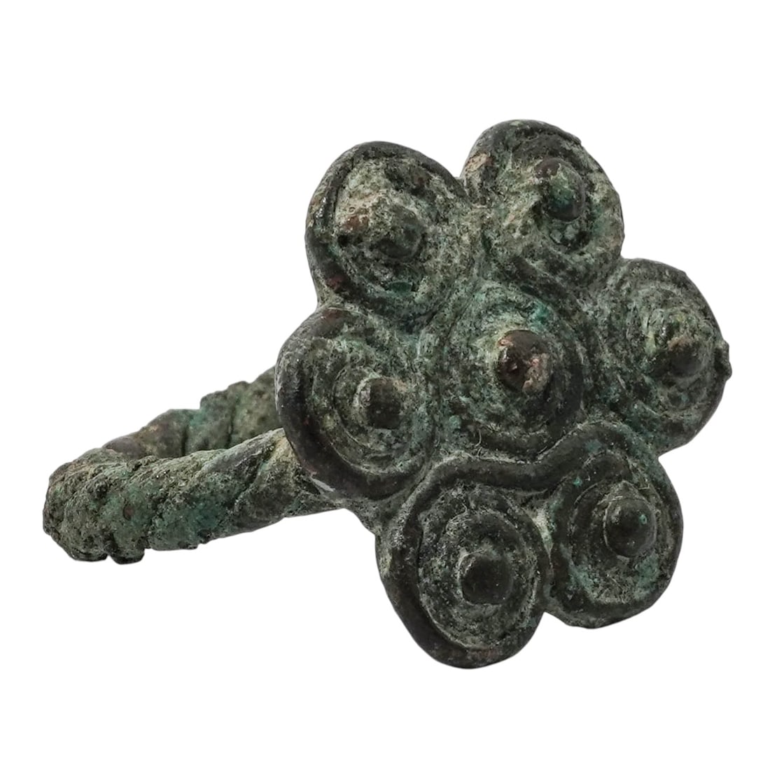 Ancient Amlash Bronze Flower Ring: Ancient Amlash Bronze Flower Ring Iran An ancient Amlash bronze flower-swirl ring. Natural patina finish. Size 6. Diameter .75"