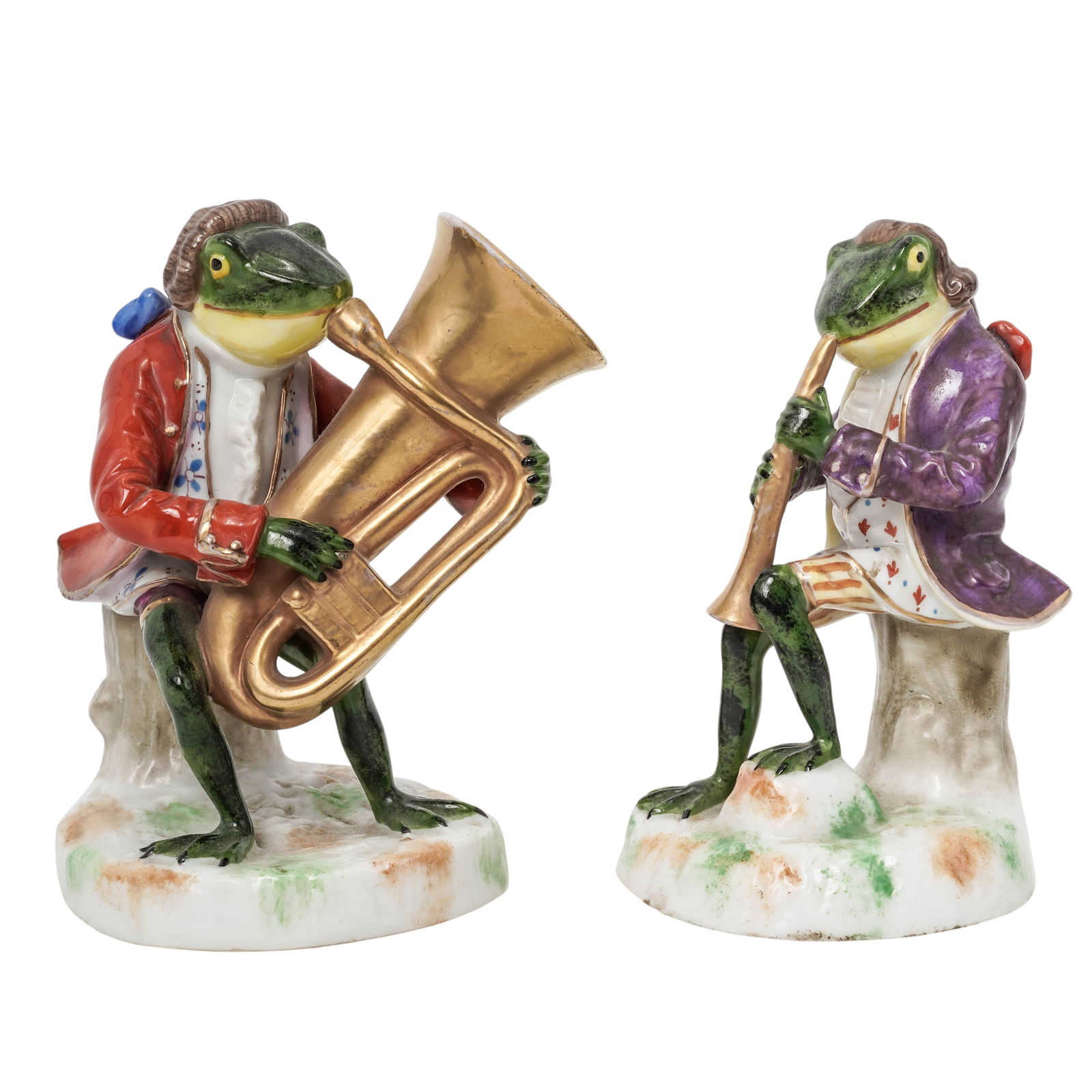 (2pc) Chelsea Gold Anchor Porcelain Frog Musician Figurines: (2pc) Chelsea Gold Anchor Porcelain Frog Musician Figurines19th century, EnglandThe tuba and a trumpet players, are marked by Chelsea "gold anchor" mark.They are part of the larger collectible "Frog b