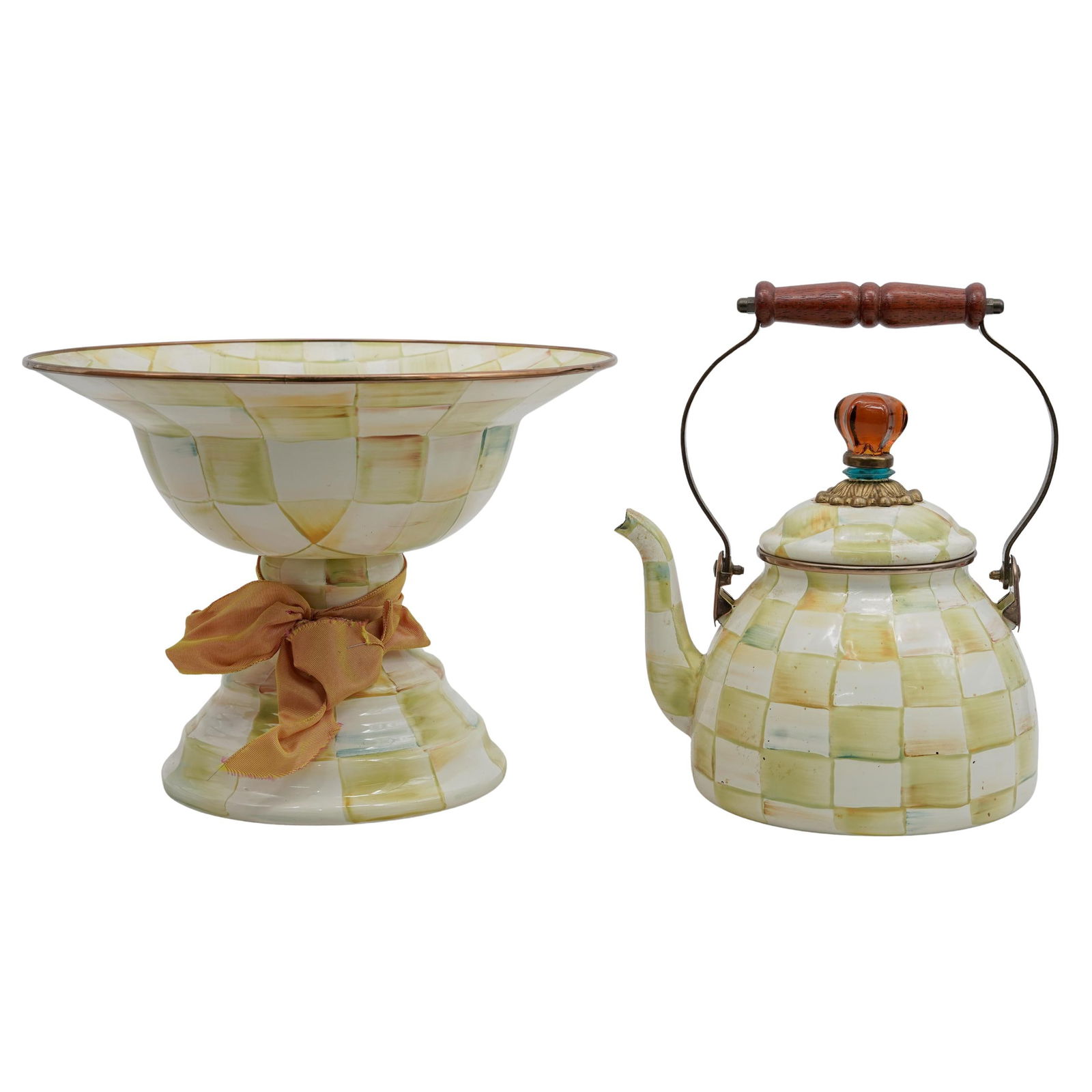 (2pc) MacKenzie Childs “Parchment Check“ Compote & Teapot (1 of 8)