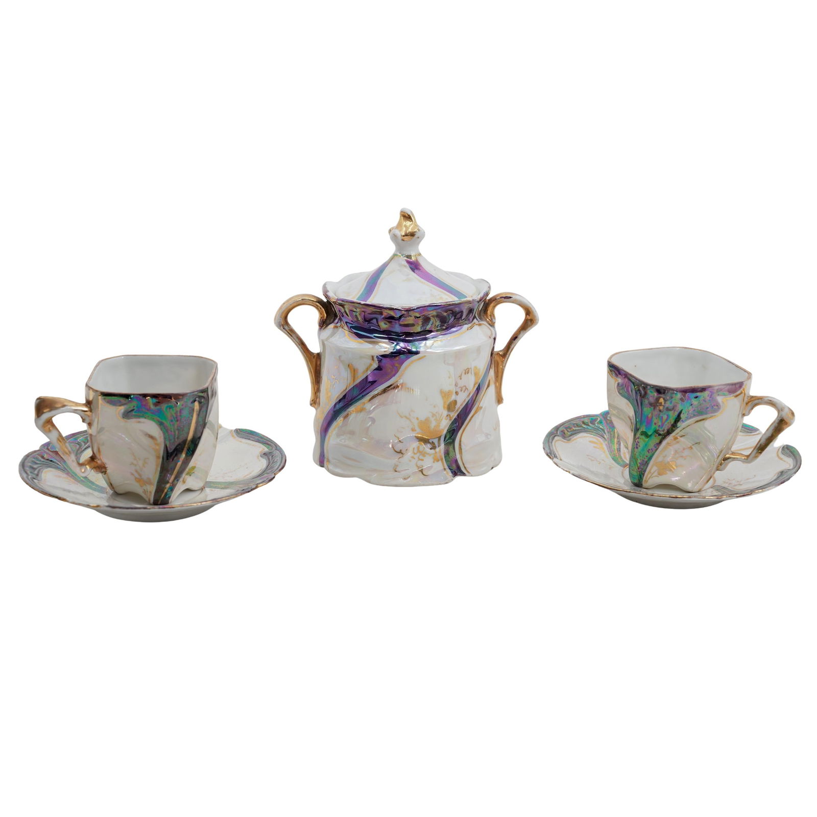 (5pc) Art Nouveau Porcelain Demitasse Set: (5pc) Art Nouveau Porcelain Demitasse SetLate 19th to early 20th Cent., EuropeanA porcelain coffee service comprising a lidded pot an two cups with matching saucers, decorated with iridescent glaze, g