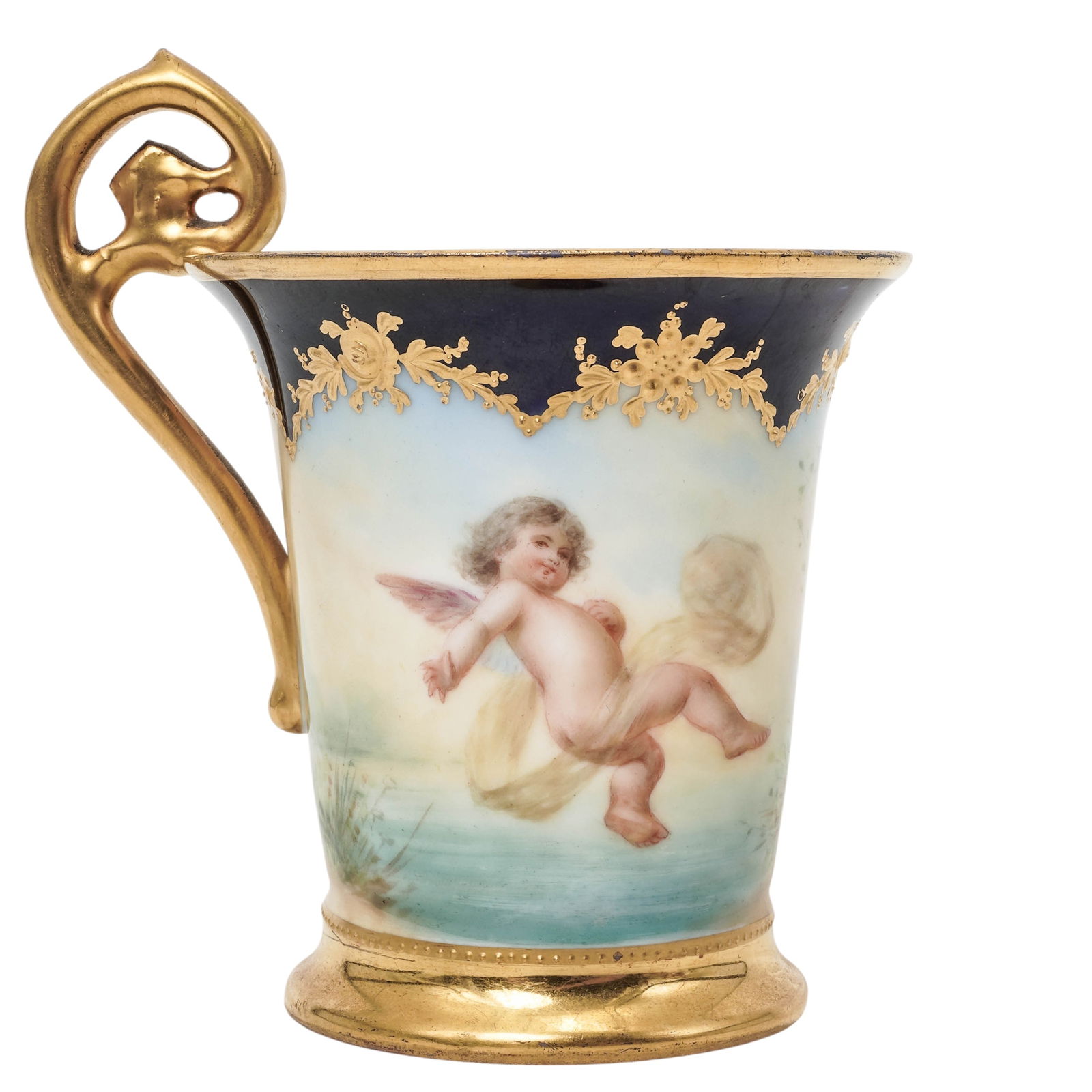 Antique Dresden Painted Porcelain Teacup: Antique Dresden Painted Porcelain Teacup19th century, GermanThe cup is featuring a hand-painted scenes of cherubs with lavish gold gilding on the rim and handle.Marked Dresden with a crown and a gold
