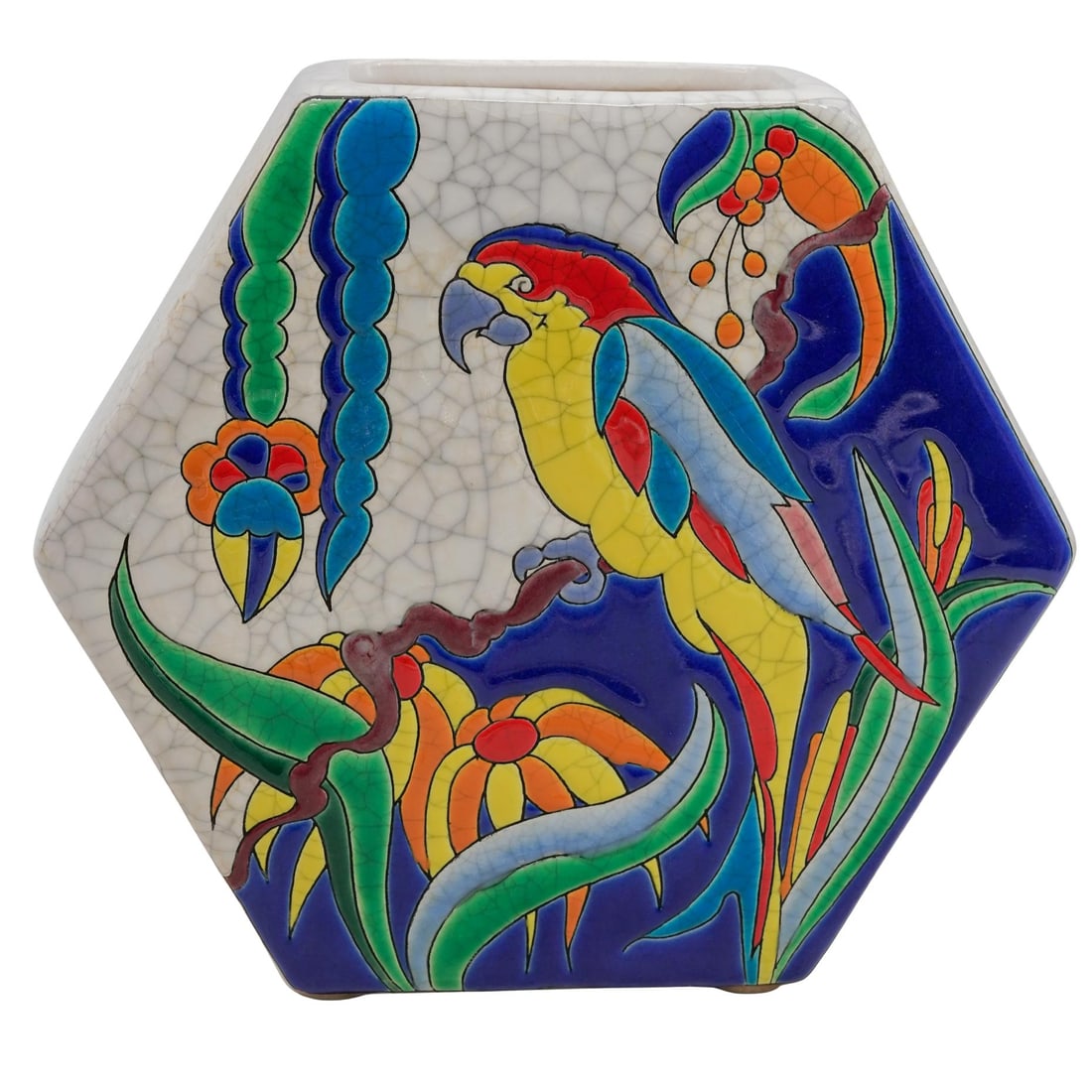 Emaux d'Art De Longwy "Amazonia" Ceramic Vase: Emaux d'Art De Longwy "Amazonia" Ceramic Vase1994. FrenchEmaux d'Art De Longwy "Amazonia" enameled earthenware vase. The technique employs black enamel outlines to define bright colors, characteristic