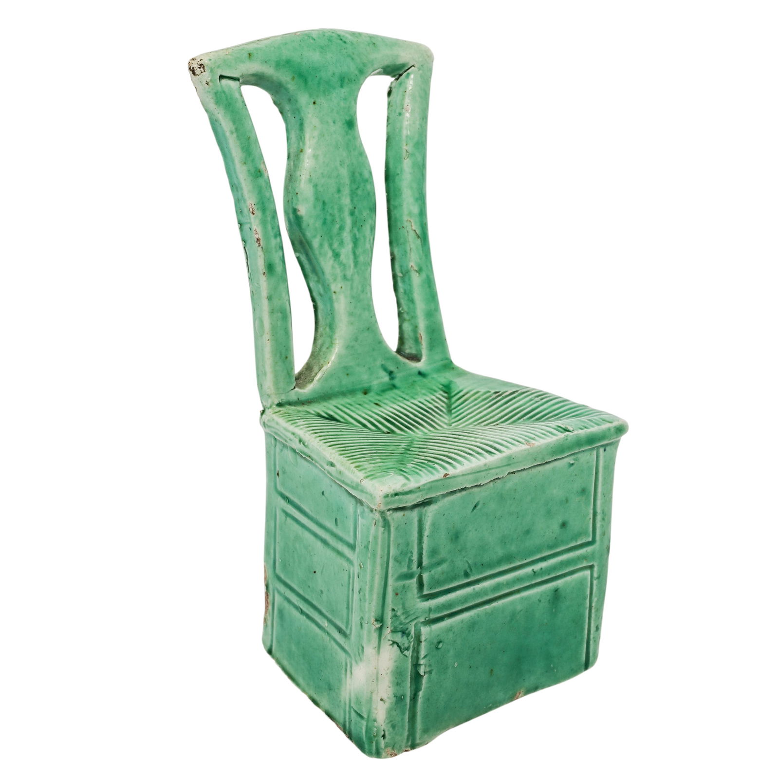 Antique Miniature Chinese Pottery Chair: Antique Miniature Chinese Pottery ChairLate 19th-Early 20th c., ChinaAntique green-glazed miniature studio art pottery chair featuring a wicker-like textured design on the seat.Provenance: Private Pal