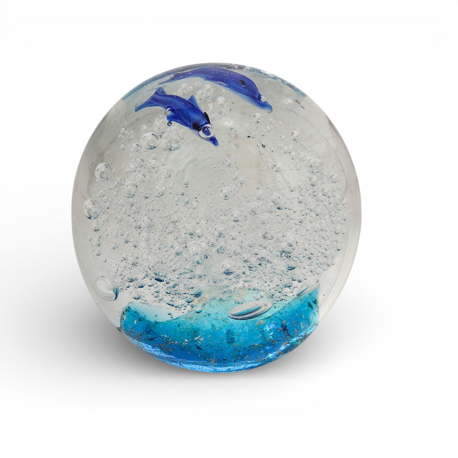 Murano Glass Paperweight: Murano Glass Paperweight 20th century, Italian The Paperweight features two dolphins swimming in a blue ocean with controlled bubbles. The dolphins are small, blue figures suspended within the clear