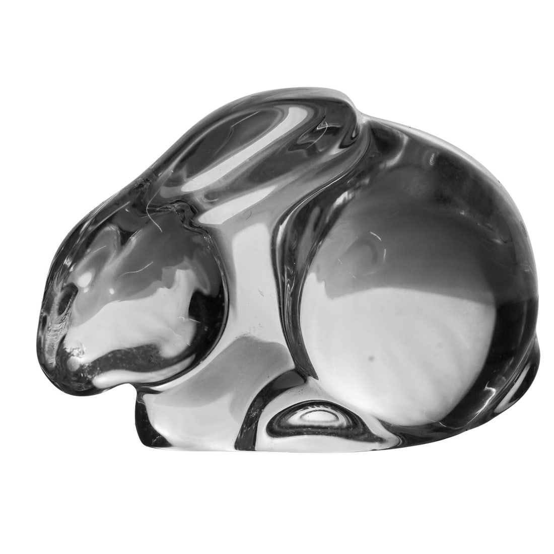 Val St. Lambert Crystal Rabbit Figurine: Val St. Lambert Crystal Rabbit Figurine 20th c., Belgium Small clear crystal paperweight figurine depicting a bunny rabbit. Val St. Lambert mark etched to underside. H: 1.5" W: 1.25" L: 2"