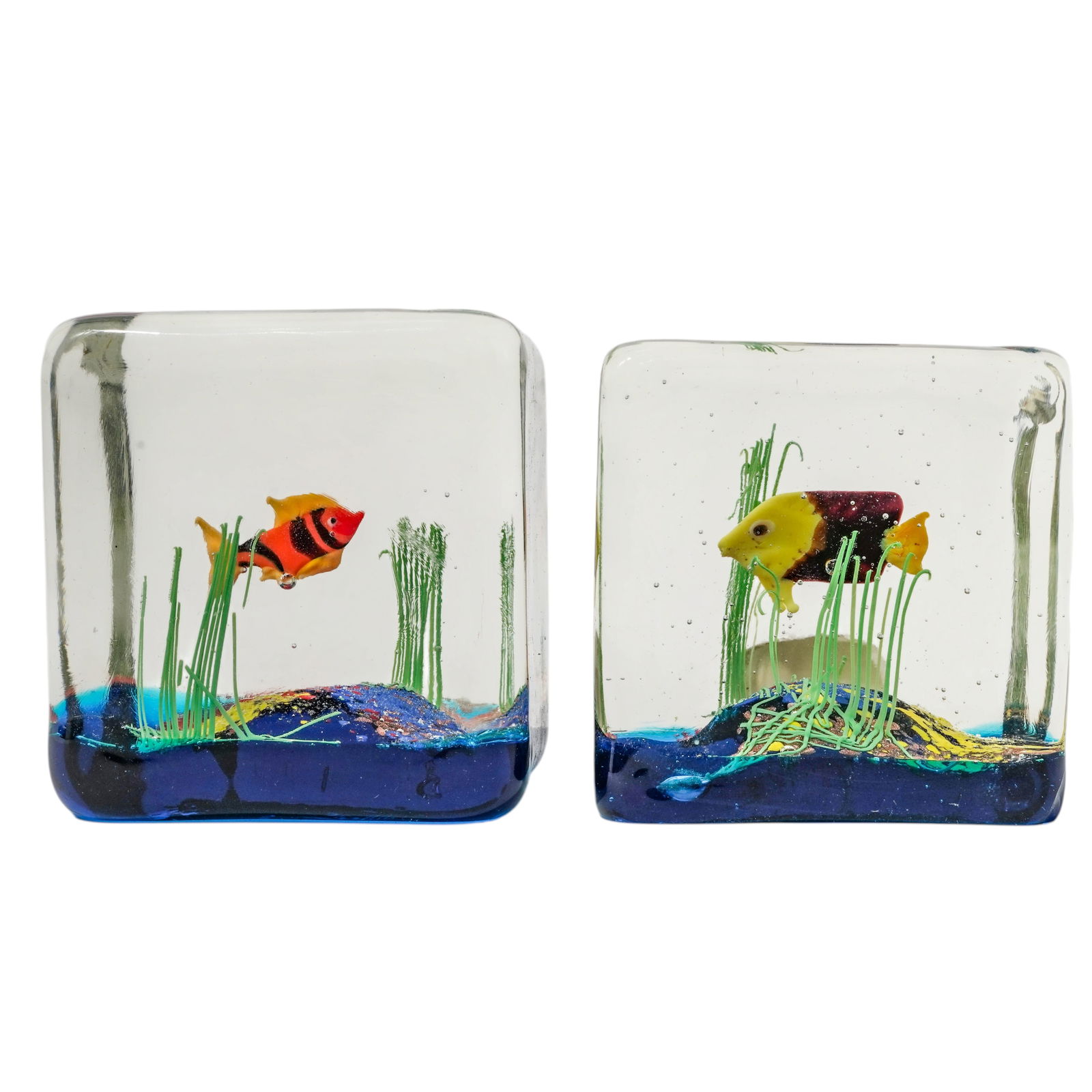 (2pc) Vintage Murano Art Glass Aquarium Paperweights: (2pc) Vintage Murano Art Glass Aquarium Paperweights Mid to late 20th Cent., Italian Two vintage Murano art glass aquarium Paperweights depicting underwater scenes. One examples retains its original