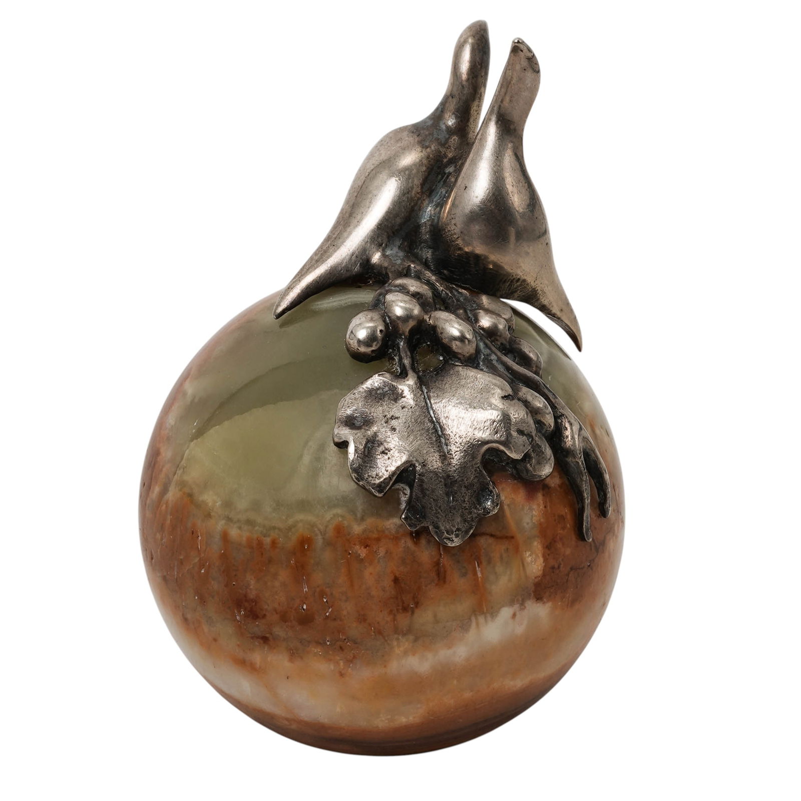 Sterling Silver Birds on Onyx Paperweight: Sterling Silver Birds on Onyx Paperweight 20th century A pair of sculpted sterling silver birds affixed to an onyx stone ball. One bird is marked 'SS". H 2.5" x Diameter 1.625"