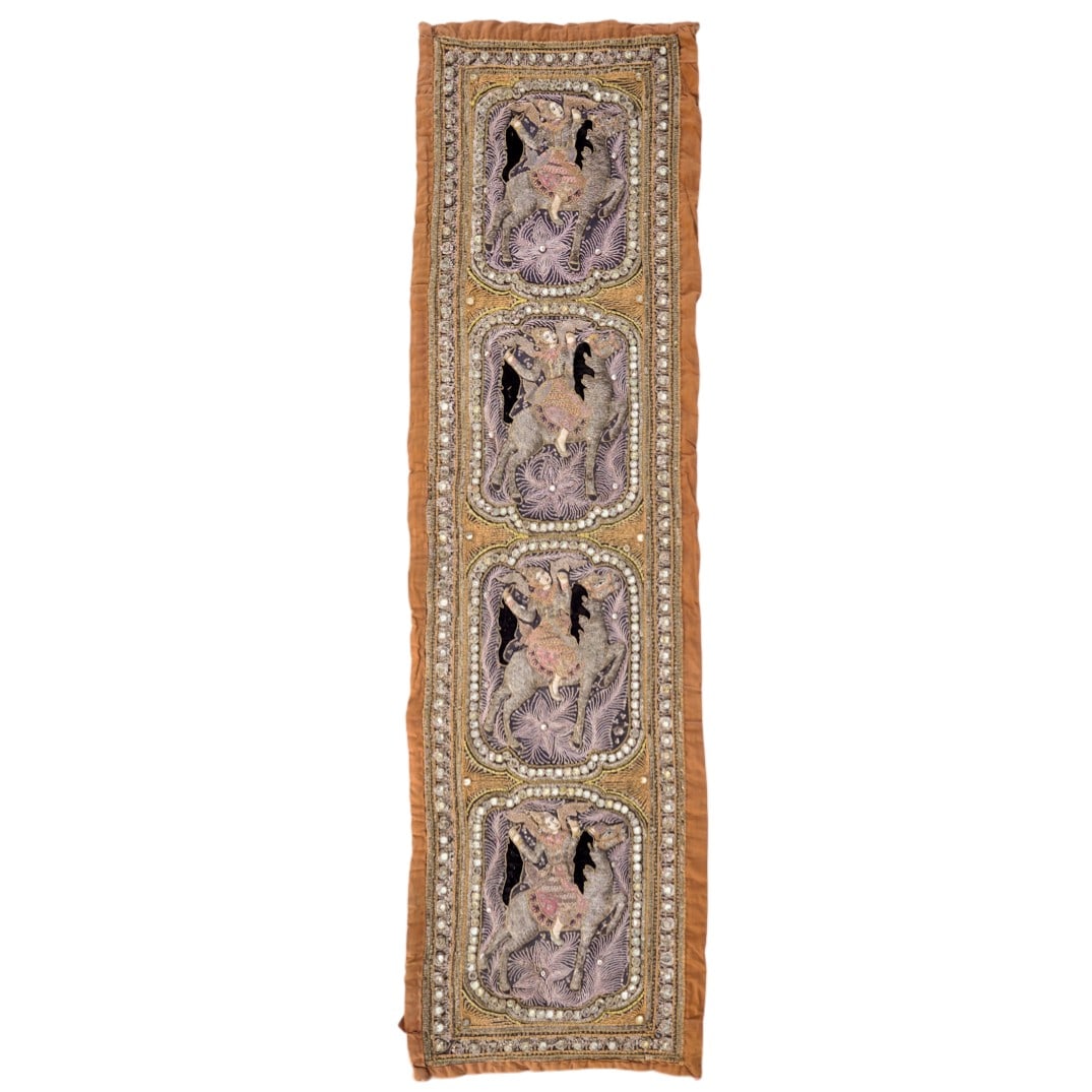 Vintage Burmese Kalaga Tapestry: Vintage Burmese Kalaga Tapestry Early to mid 20th century, Burmese A vintage Burmese "Kalaga" tapestry, known in Myanmar as "shwe gyi do" or "gold thread embroidery", featuring traditional heavy