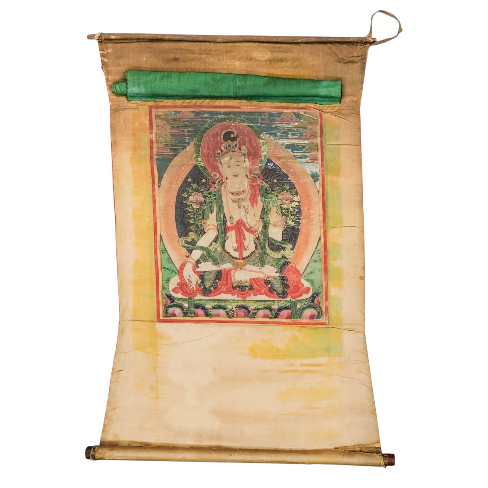 Tibetan Sitatara Silk Thangka: Tibetan Sitatara Silk Thangka Early 20th century, Tibetan A Tibetan silk Thangka depicting at center Sitatara or "White Tara", Mother of Long Life, a powerful symbol of compassion, healing, and