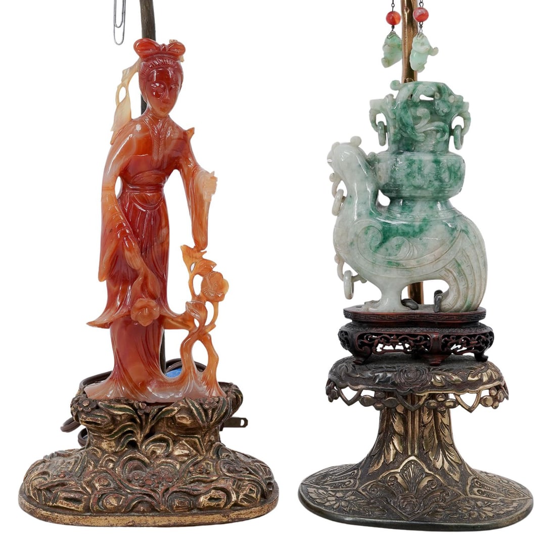 (2 pc) Chinese Carved Jade & Agate Bronze Figural Table Lamps (1 of 12)