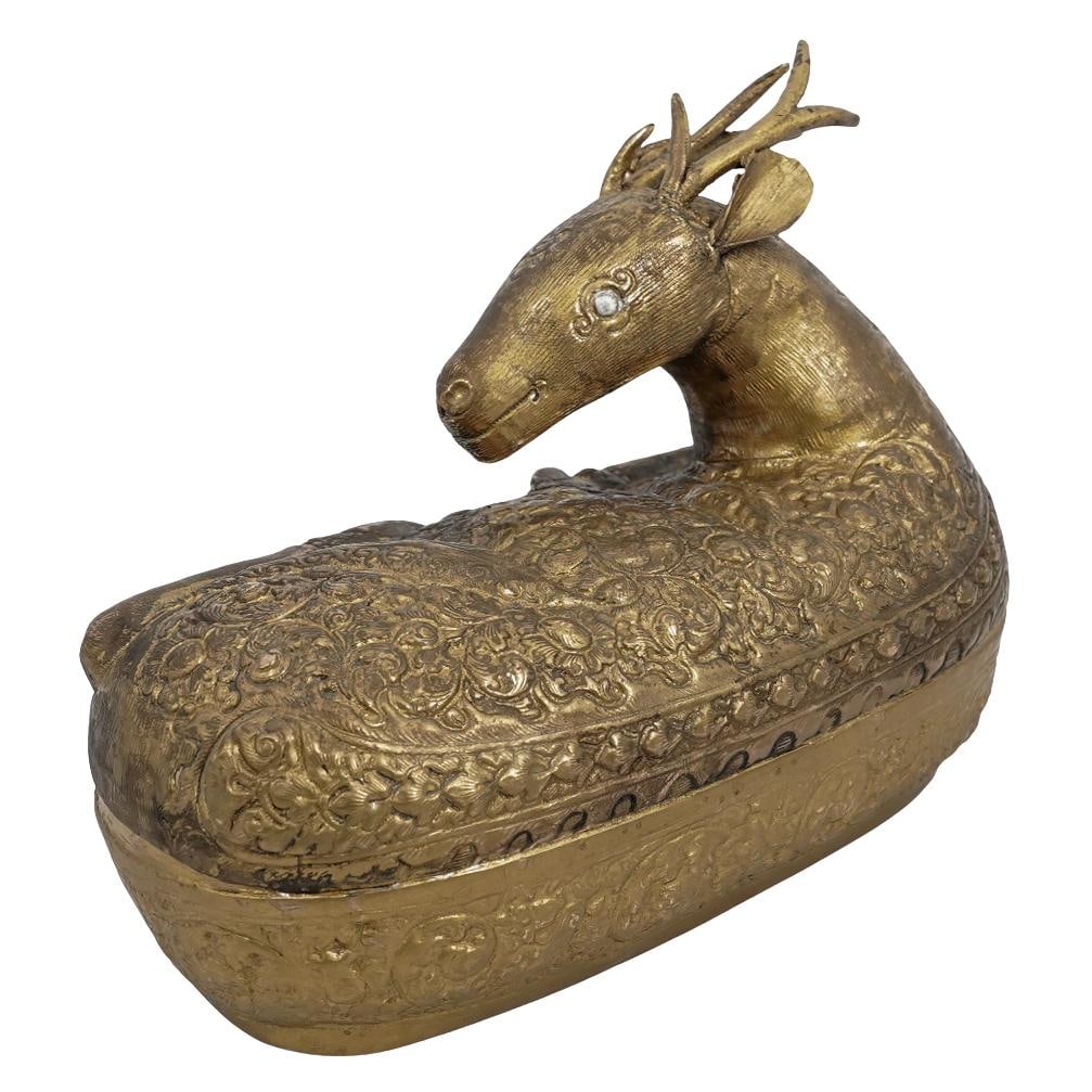 Southeast Asian Gilt Metal Reclining Deer Lidded Trinket box (1 of 6)