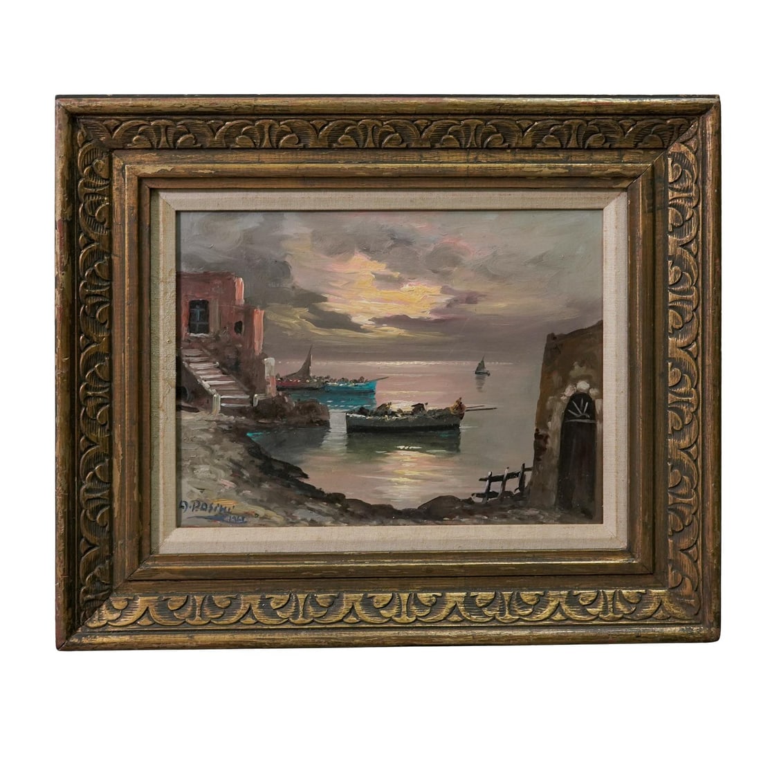 After Alberto Pasini Coastal Seascape Oil Painting: After Alberto Pasini Coastal Seascape Oil Painting1961, ItalyOil on canvas Impressionist maritime scene featuring small fishing boats and coastal villas, likely inspired by the Italian coast. It is in
