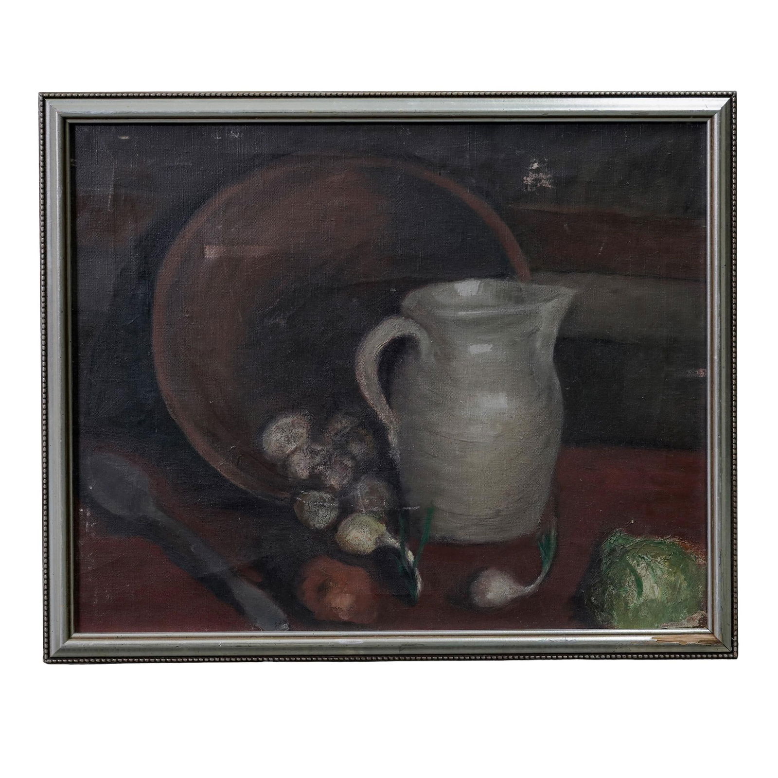 Antique Still Life Oil Painting: Antique Still Life Oil PaintingEarly 20th c.Oil on canvas on board depicting a white ceramic pitcher with a large brown bowl in the background, several onions, garlic cloves, a cabbage, and a spoon sc