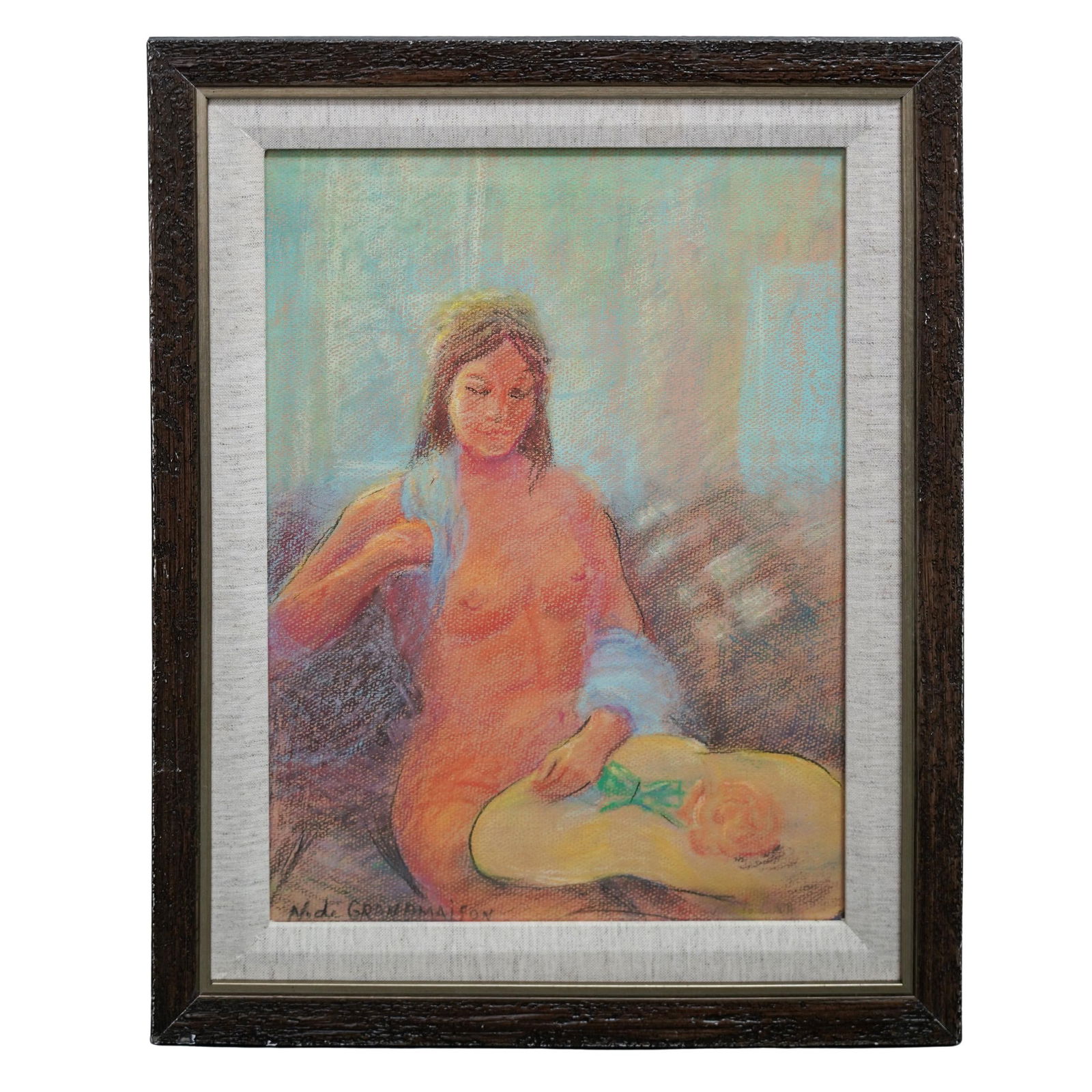 Nicholas de Grandmaison (Russian, 1892-1978) Nude Pastel Portrait: Nicholas de Grandmaison (Russian, 1892-1978) Nude Pastel PortraitMid 20th c., Canada/USAPastel on paper drawing of a nude woman reclining with a blue cloth draped over her shoulder and arm, and a yell