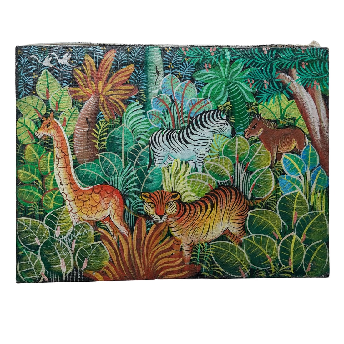 Signed Haitian Jungle Animal Painting: Signed Haitian Jungle Animal PaintingLate 20th c., HaitiAcrylic on canvas painting depicting animals among thick foliage. It is signed by the artist in the lower left corner. "Mecene Merant" inscribed