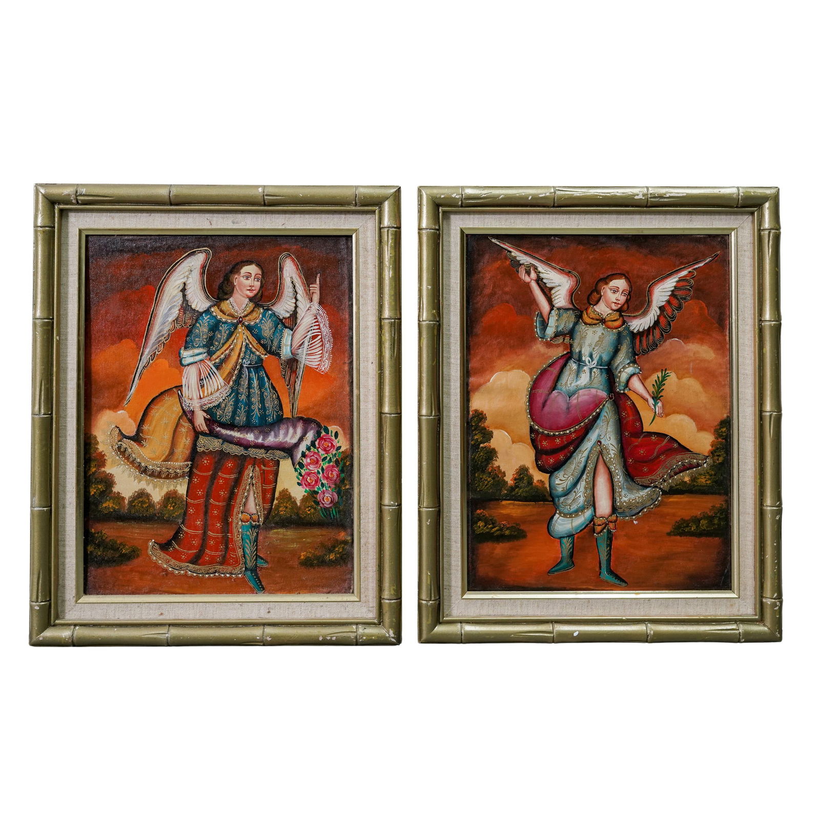 (2 pcs) Cuzco School Archangels Acrylic on Canvas Paintings (1 of 2)