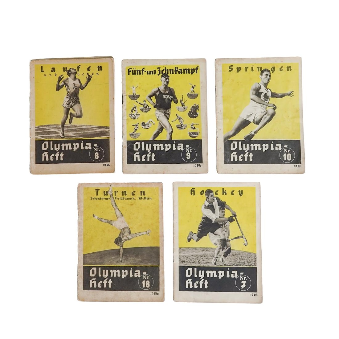 (5pc) Antique Group Of "Olympia Heft" Sports Programs: (5pc) Antique Group Of "Olympia Heft" Sports Programs 1930. German Group of vintage German sports cards "Olympia Heft, featuring Athletes in dynamic poses associated with Olympic and athletic events.