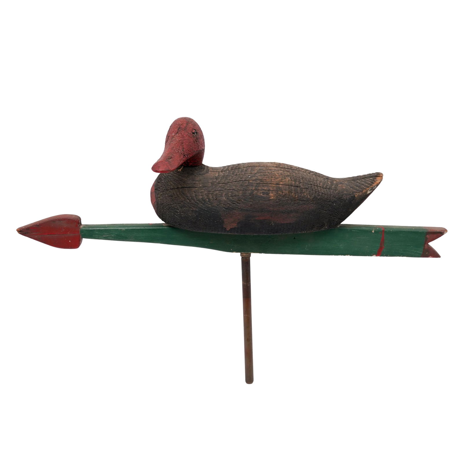 Antique Carved Duck Decoy Weathervane: Antique Carved Duck Decoy Weathervane Early 20th c., USA Hand-carved folk art polychrome wood duck decoy weather vane with swivel-head design. it is mounted to a metal rod. H: 17" W: 7" L: 26.5"