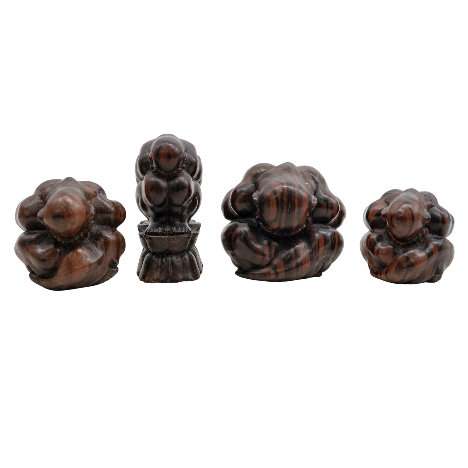 (4pc) Assortment Group Of Wooden Yogui Figures: (4pc) Assortment Group Of Wooden Yogui Figures 20th Cent., Asian Assortment group of carved wooden sculptures commonly known as a "Weeping Buddha" or "Shy Yogi" figure. The figures are made of dark,
