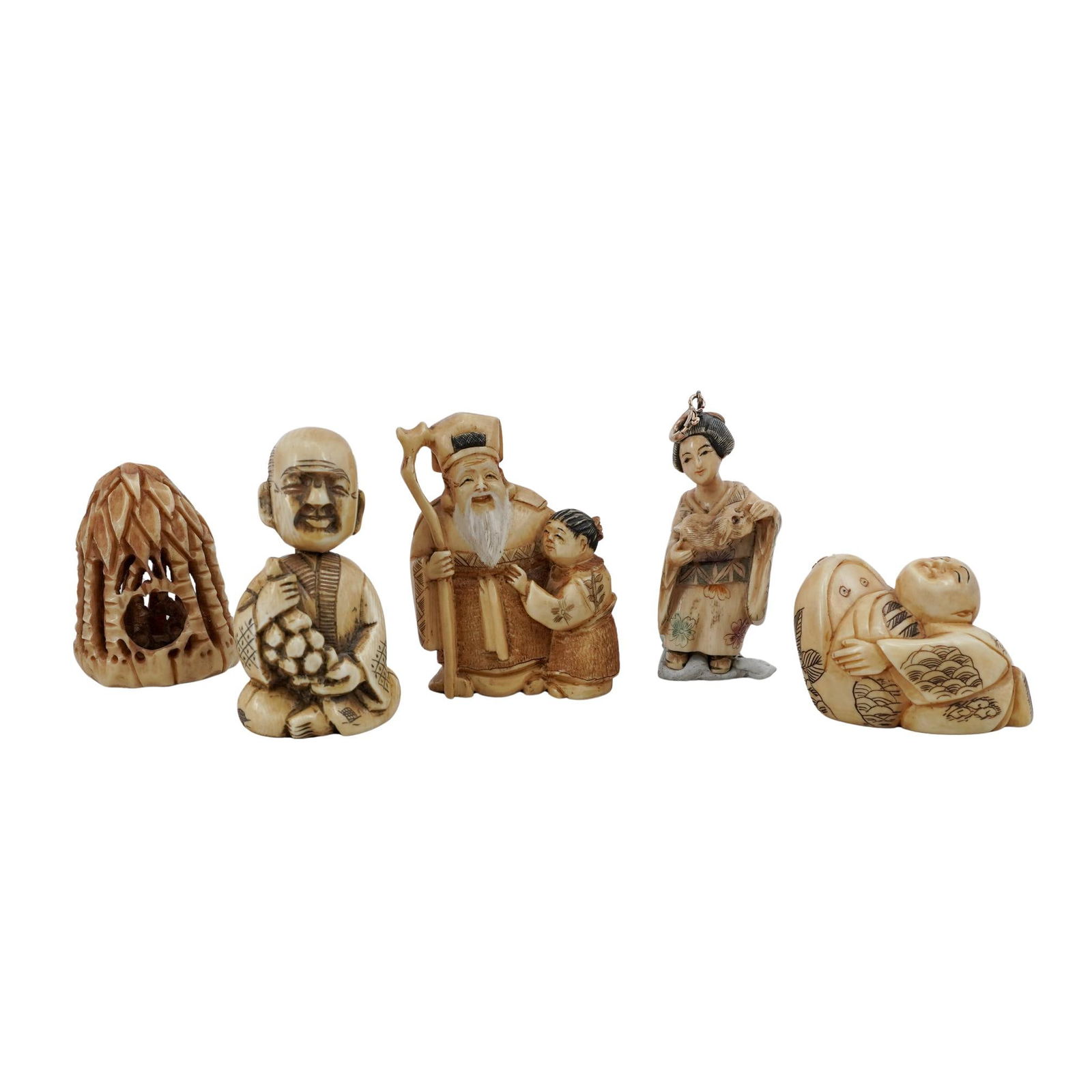 (5pc) Japanese Meiji Carved Bone Netsuke Figures (1 of 8)