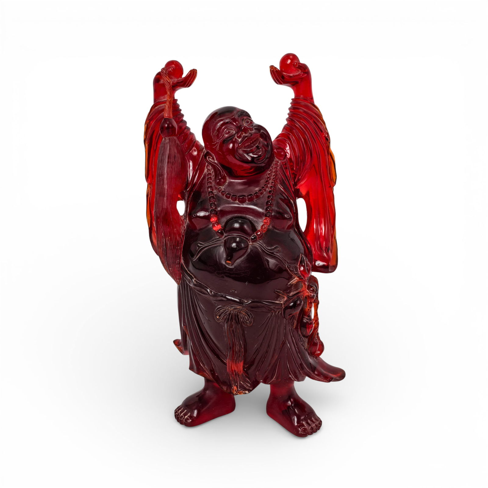 Amber Resin Laughing Buddha Sculpture: Amber Resin Laughing Buddha Sculpture 20th century, Chinese The large sculpture depicted as happy and portly, with hands raised in celebration. Crafted from translucent red resin designed to resemble