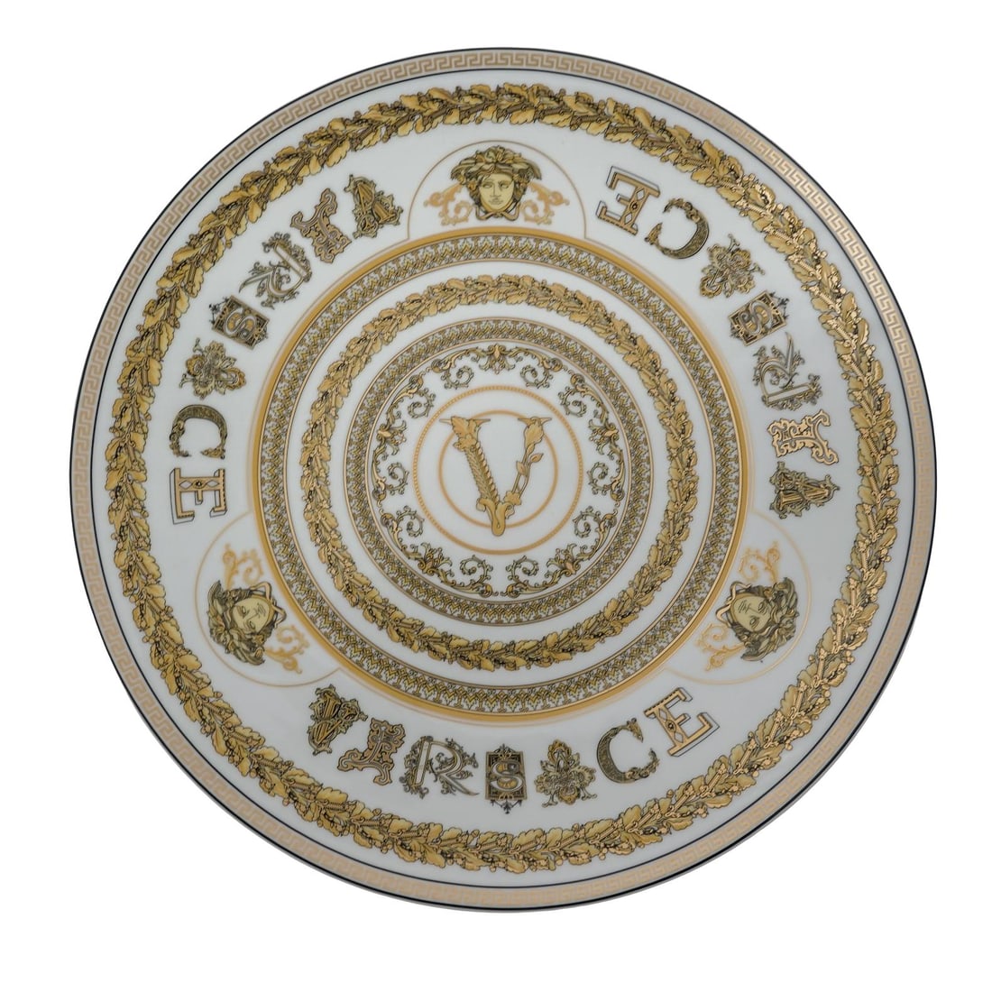 Versace x Rosenthal "Virtus Gala" Service Plate: Versace x Rosenthal "Virtus Gala" Service Plate2021, GermanVersace Virtus Gala Service Plate (or Charger Plate) from the collection produced in collaboration with Rosenthal. The plate features an eleg