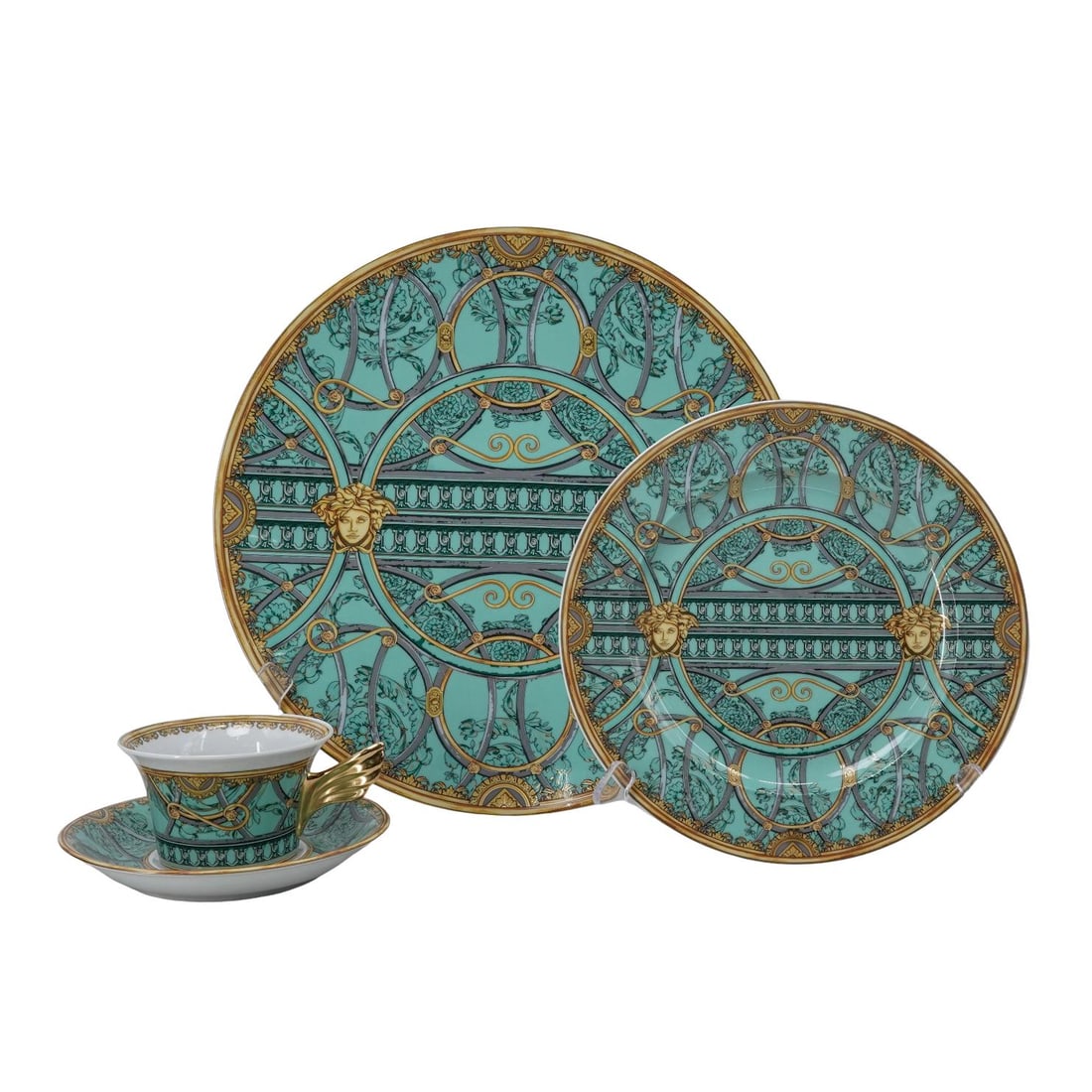 (4 Pc) Versace x Rosenthal "La Scala Del Palazzo" Verde Collection: (4 Pc) Versace x Rosenthal "La Scala Del Palazzo" Verde Collection20th century, German25 years anniversary Rosenthal x Versace lot includes:(1) Large Service platter/ charger(1) Dinner plate(1) Cup(1)