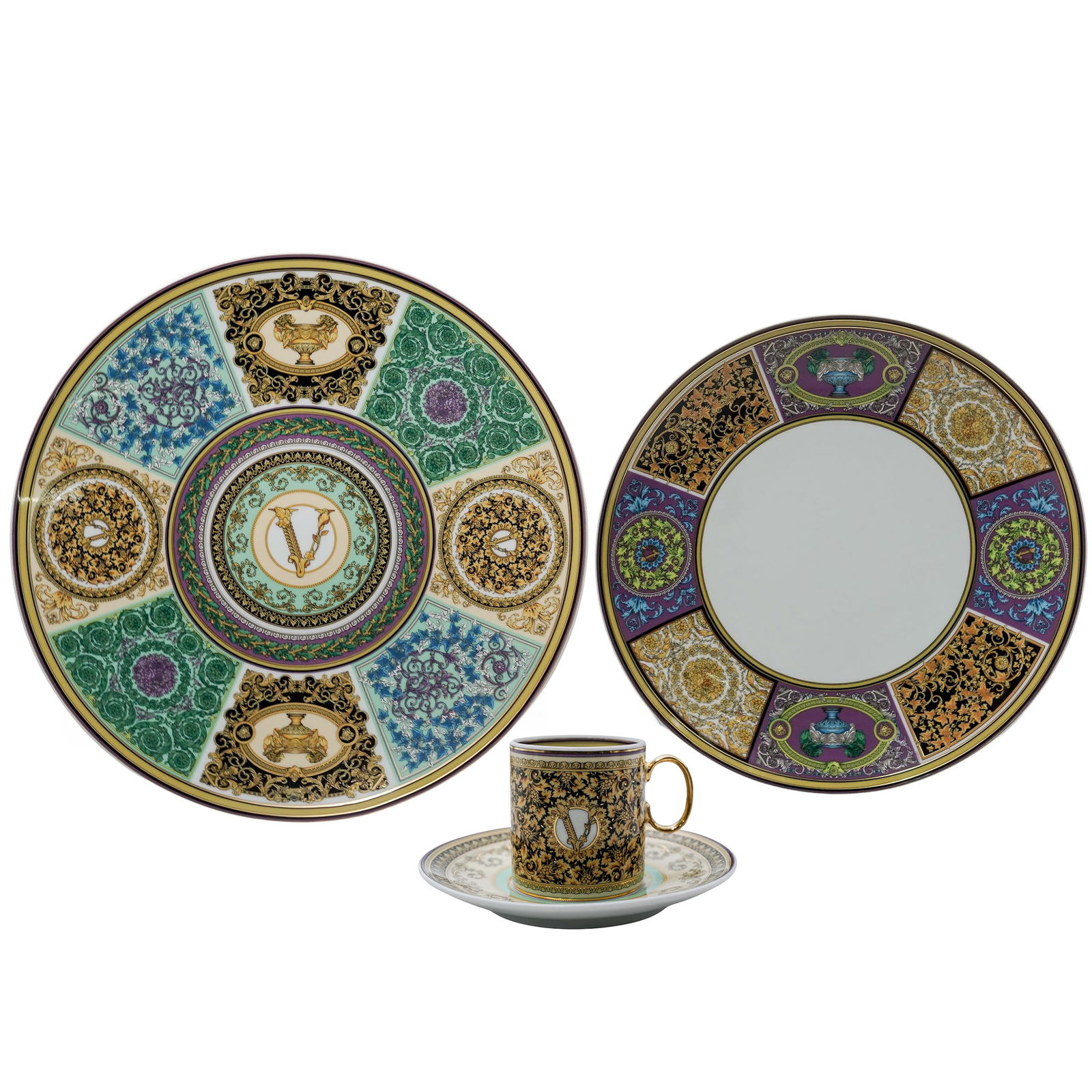 (4 Pc) Versace x Rosenthal "Barocco Mosaic" Set: (4 Pc) Versace x Rosenthal "Barocco Mosaic" Set20th century, GermanThis luxury porcelain line, introduced in 2021, features a patchwork of four archive prints, pastel purples, soft mint hues, and clas