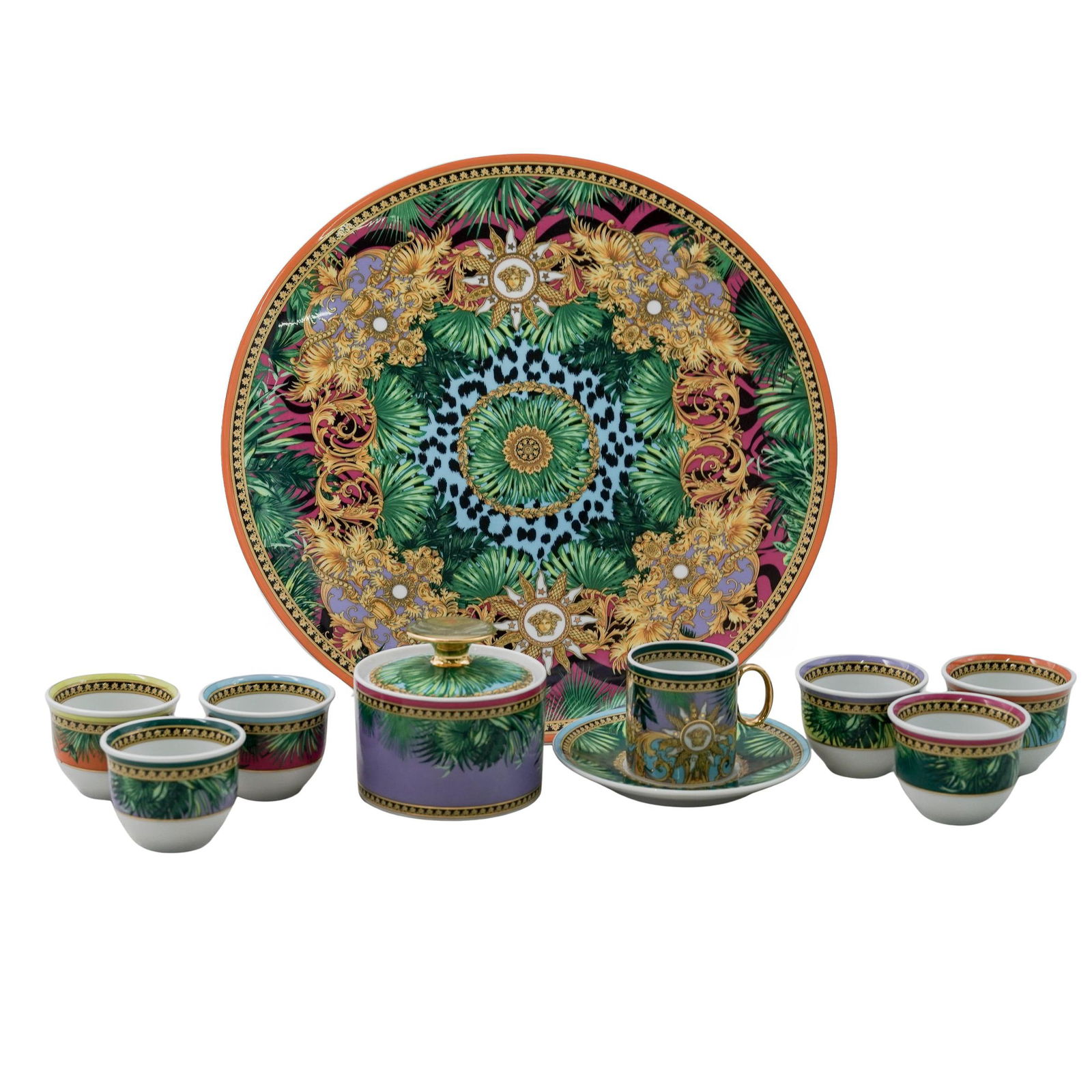 (10 Pc) Versace x Rosenthal "Jungle Animalier" Porcelain Set: (10 Pc) Versace x Rosenthal "Jungle Animalier" Porcelain Set2020, GermanThe Versace Jungle Animalier collection for Rosenthal. The collection is known for its vivid color palette and fusion of tropica