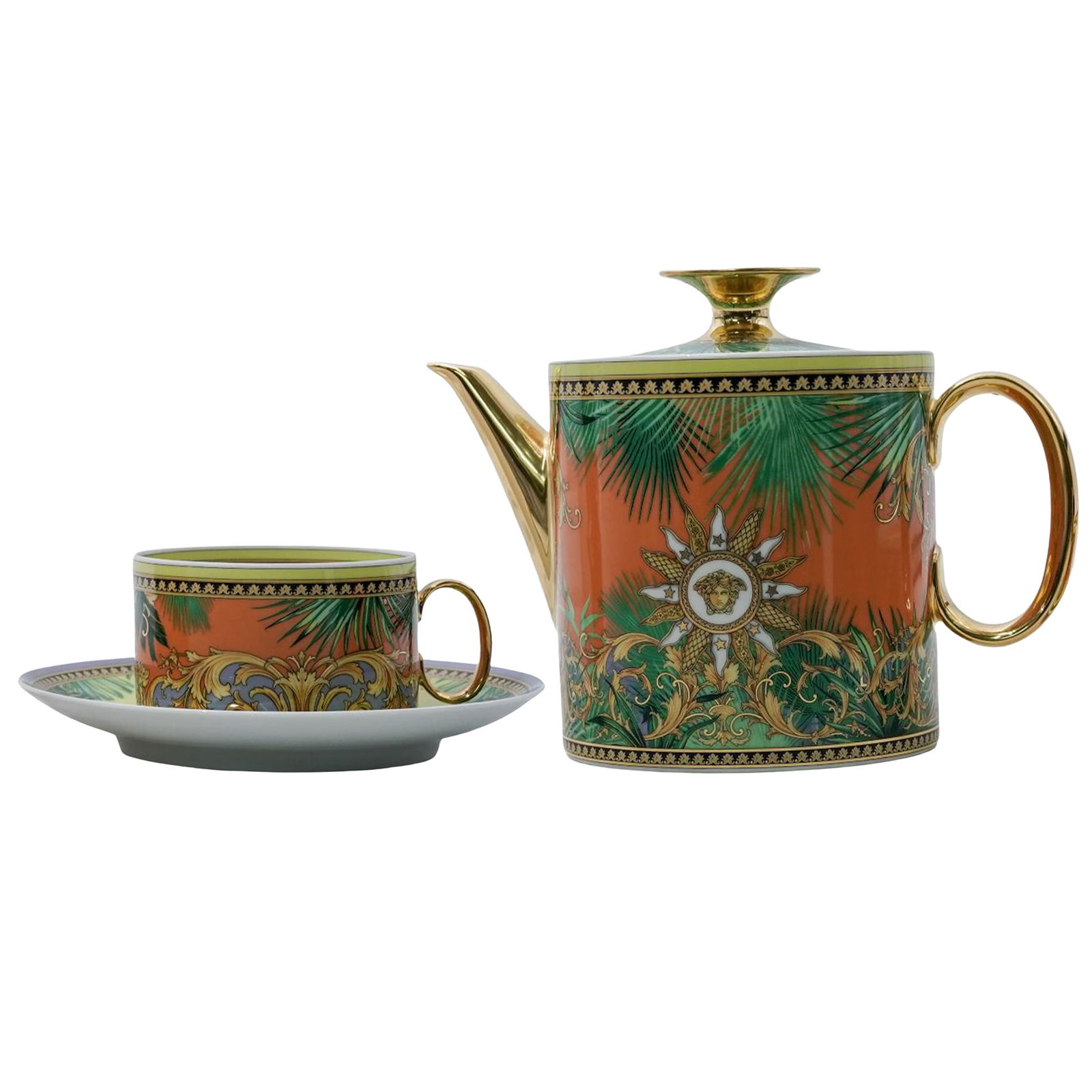 (2 Pc) Versace x Rosenthal Jungle Animalier Porcelain Set: (2 Pc) Versace x Rosenthal Jungle Animalier Porcelain Set20th century, GermanJungle Animalier featuring tropical palm, leopard prints and the iconic gold Medusa motif. Marked on the bottom "Versace Ro