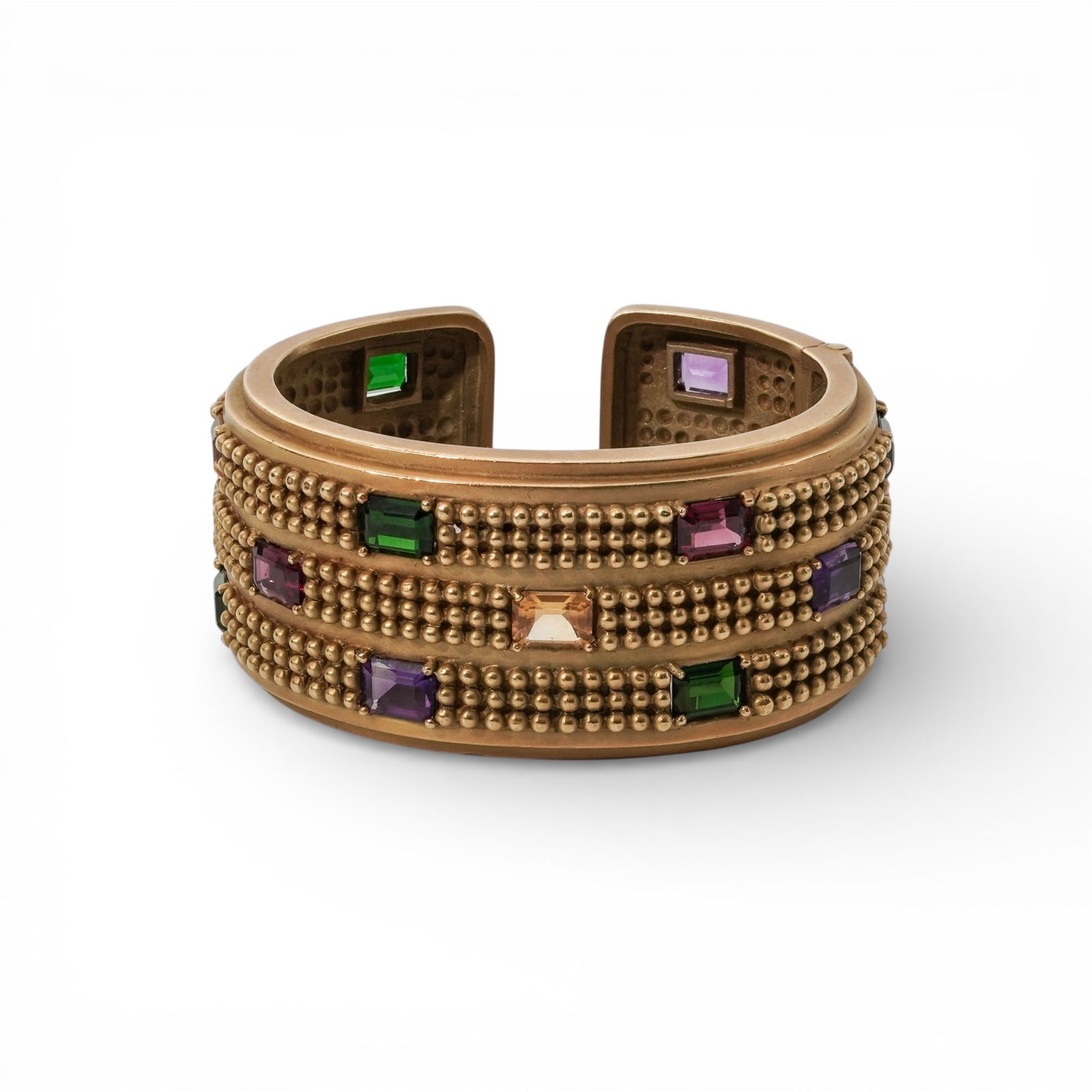 Kieselstein Cord 18k Gold Multi-Gem Hinged Cuff Bracelet: Kieselstein Cord 18k Gold Multi-Gem Hinged Cuff Bracelet1988, AmericanWide hinged cuff bracelet by Kieselstein-Cord fabricated in solid 18K green gold, with dense raised granulation across the exterio