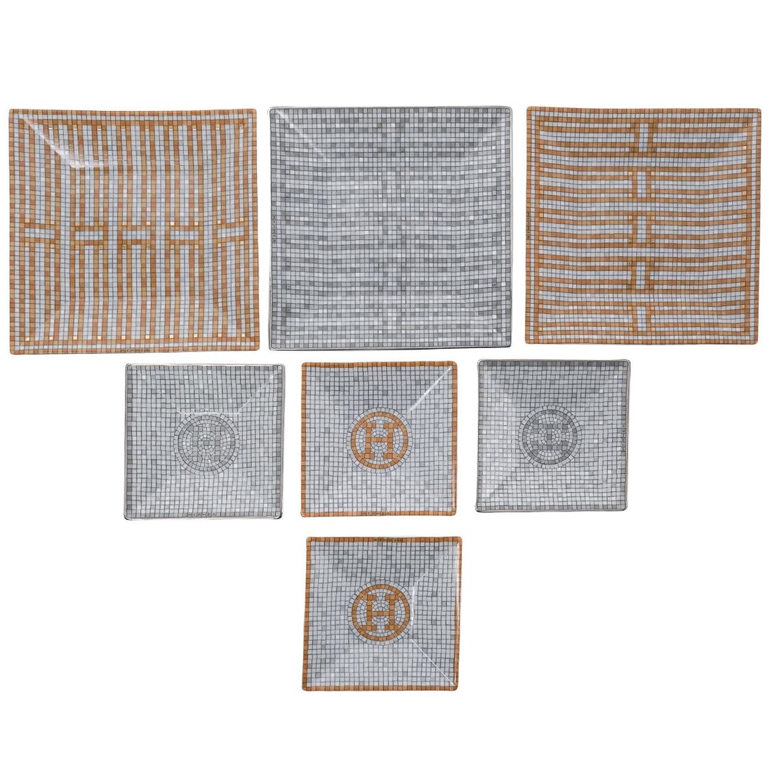 (7 Pc) Hermes "Mosaique Au 24" Porcelain Dishes: (7 Pc) Hermes "Mosaique Au 24" Porcelain Dishes2009, FrenchThe Hermès Mosaique au 24 collection is a signature porcelain tableware line that pays tribute to the brand's historic birthplace and flagsh