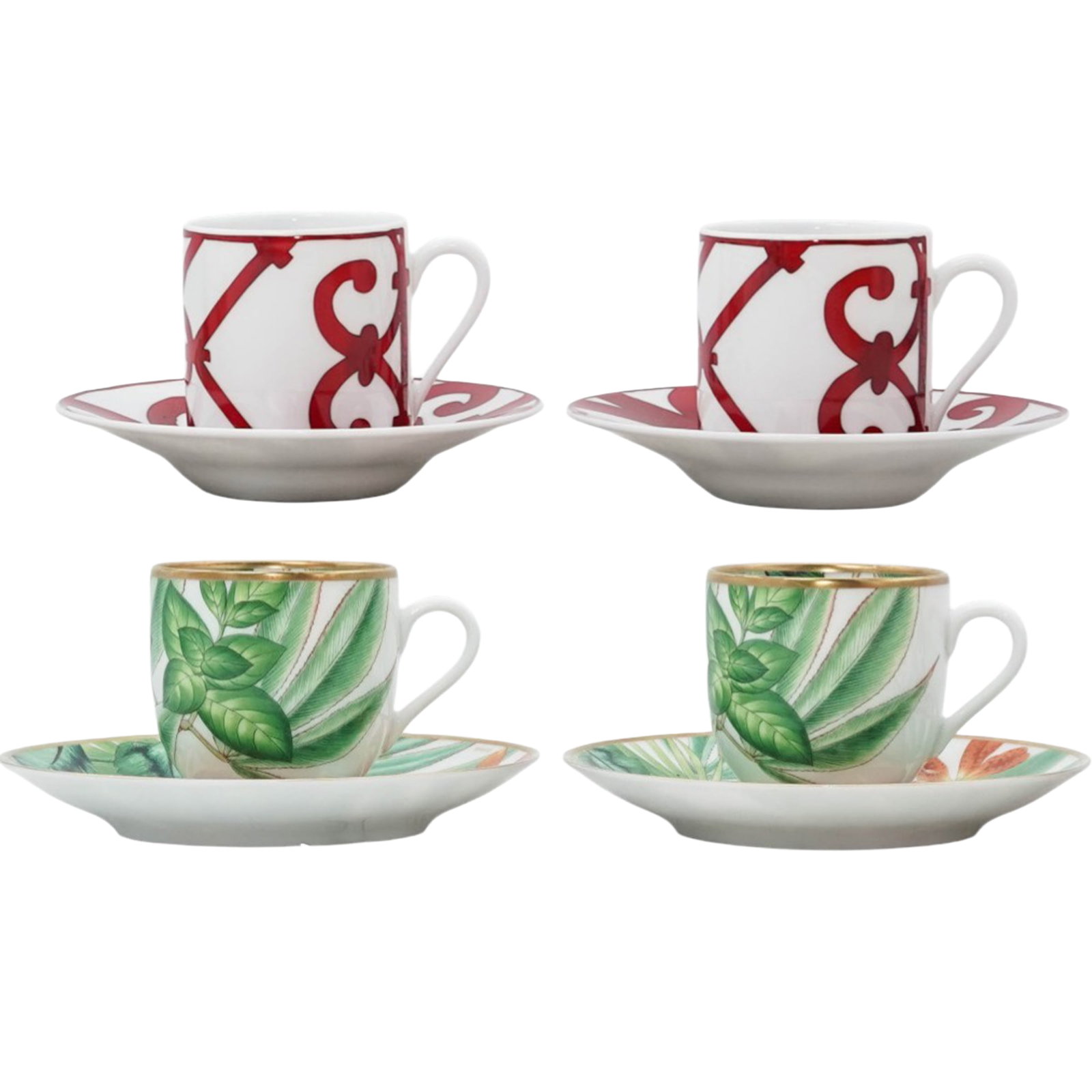 (2 Pc) Hermes Passifolia & Balcon Du Guadalquivir Coffee Sets: (2 Pc) Hermes Passifolia & Balcon Du Guadalquivir Coffee Sets20th century, FrenchLot includes:(1) Passifolia 2 cups & 2 saucers coffee set(1) Balcon Du Guadalquivir 2 cups & 2 saucers coffee setAll ma