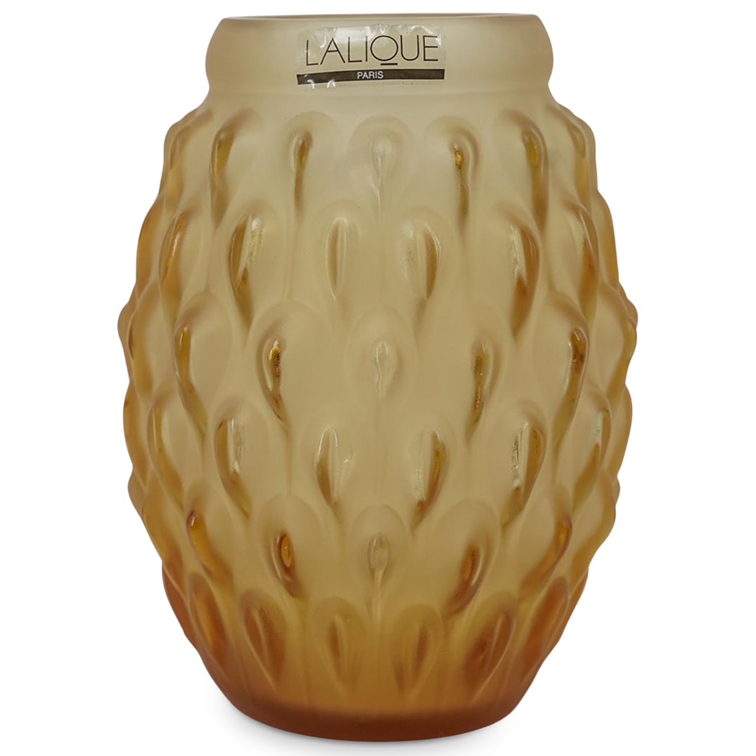 Lalique Amber Crystal "Figuera" Vase: Lalique Amber Crystal "Figuera" Vase 1995, French Lalique Figuera vase a luxurious crystal glassware designed by Marie-Claude Lalique. The design is inspired by the elongated, textured form of the