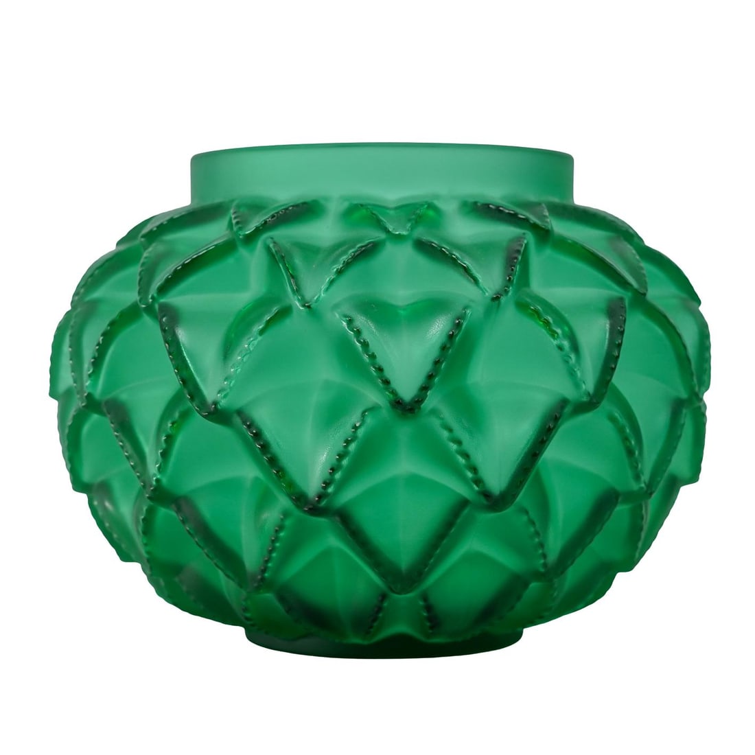Lalique Languedoc Green Crystal Vase: Lalique Languedoc Green Crystal Vase20th century, FrenchLalique Languedoc Vase first introduced in 1929 and featuring a distinctive artichoke-like design in frosted finish crystal glass. Inspired by t