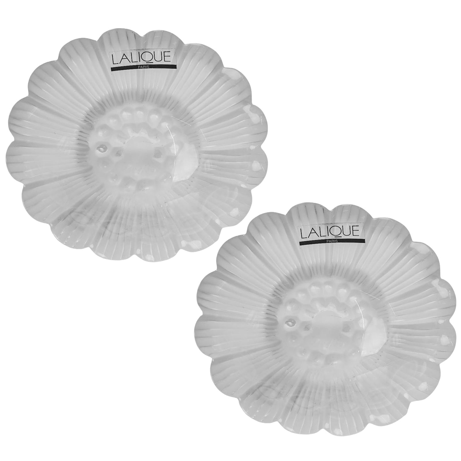 Pair Lalique Paquerettes Daisy Crystal Bowls: Pair Lalique Paquerettes Daisy Crystal Bowls 20th century, French Pair of small daisy crystal bowls features a clear and frosted flower design, with smooth interiors and ridged exteriors mimicking