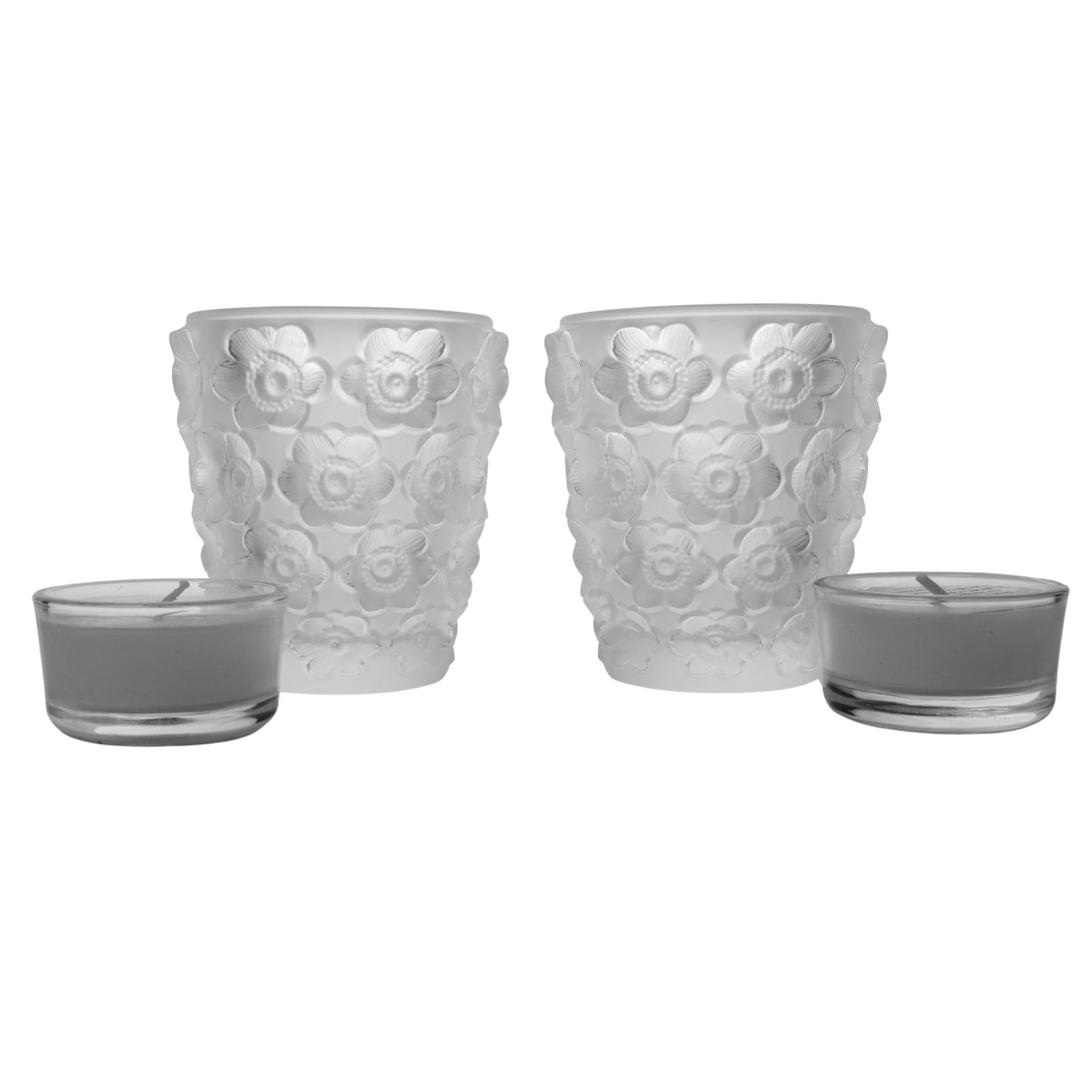 Pair Lalique Crystal Photophore Anemones Votives: Pair Lalique Crystal Photophore Anemones Votives20th century, FranceLalique anemones votives is a high-end decorative items featuring satin-finished and re-polished clear crystal with a repeating anem