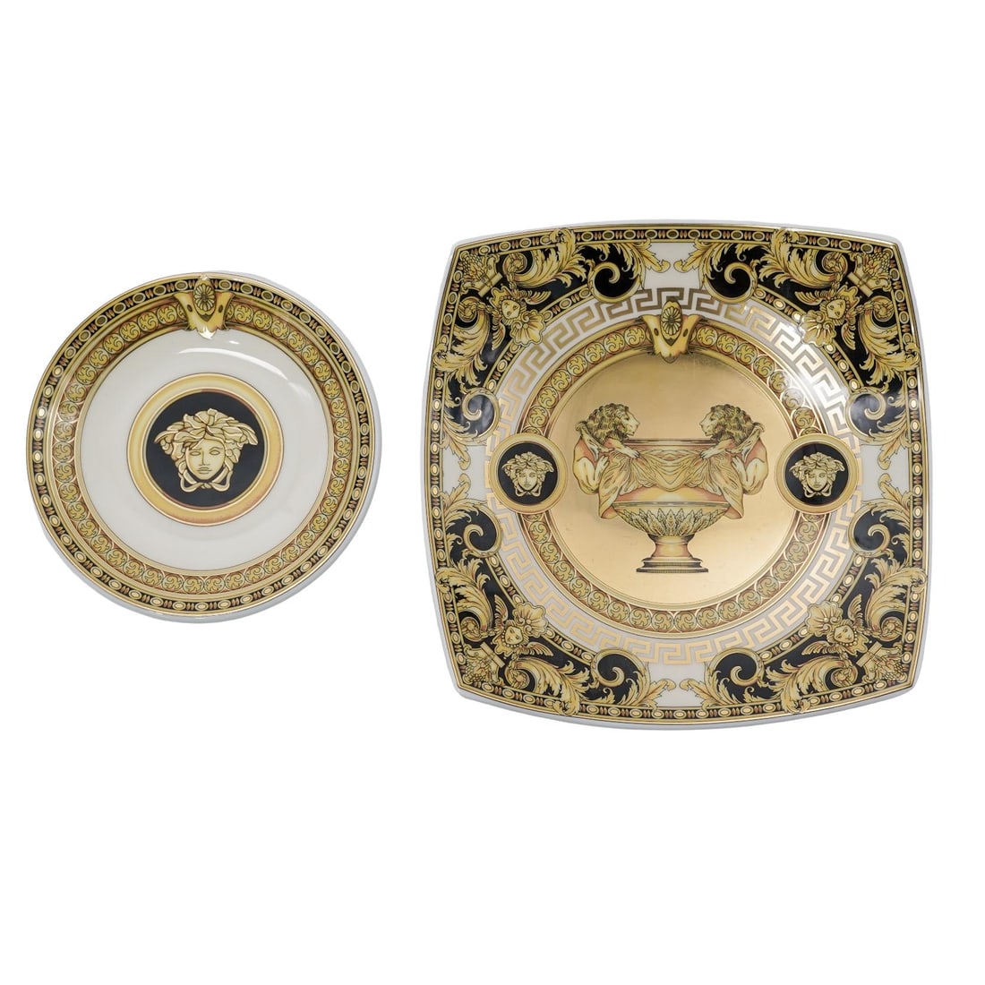 (2 Pc) Versace x Rosenthal "Prestige Gala" Dishes: (2 Pc) Versace x Rosenthal "Prestige Gala" Dishes2014, GermanVersace for Rosenthal Prestige Gala lot including:(1) Square dish featuring an opulent gold-tone design with a central "Le Vase Baroque" mo