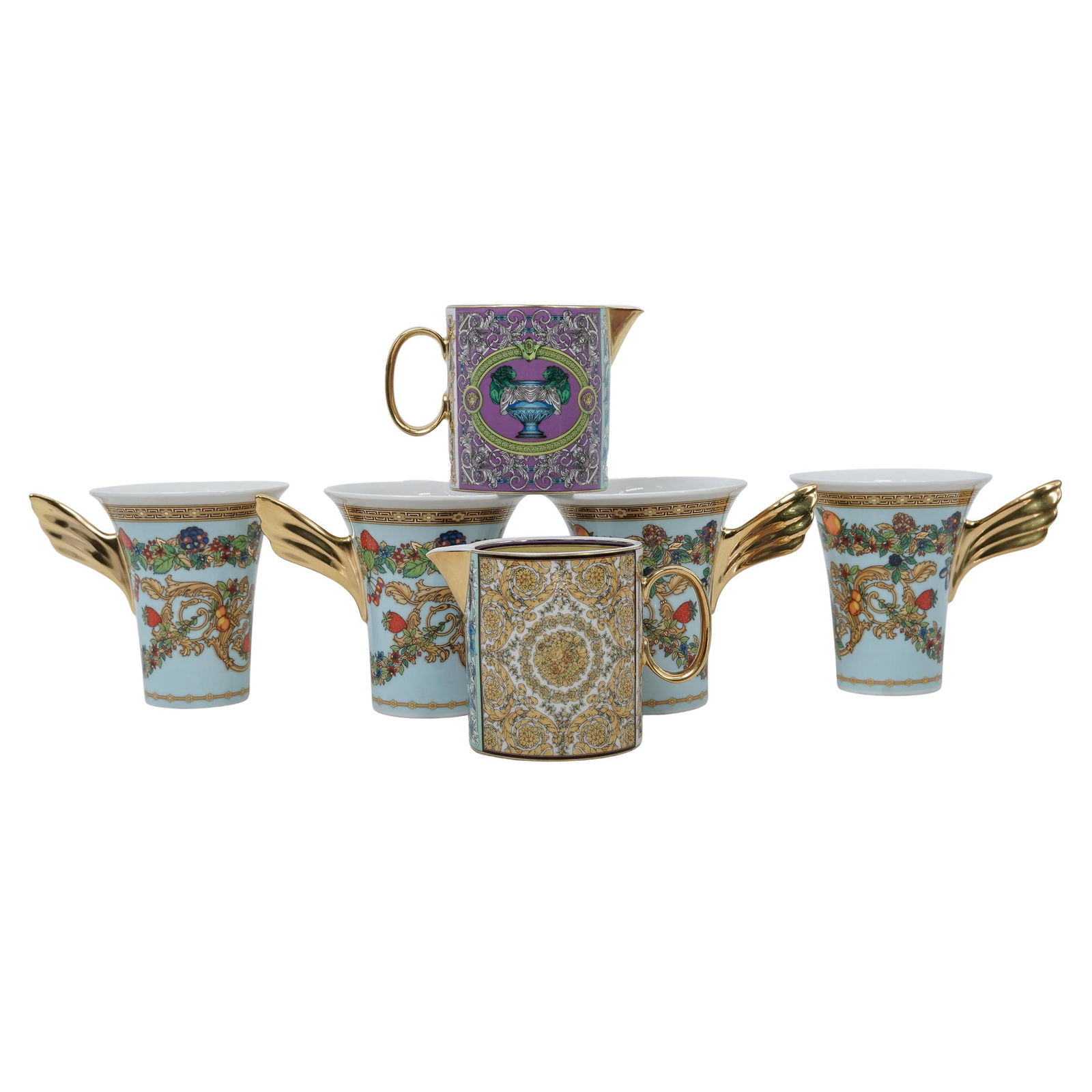 (6 pcs) Versace x Rosenthal "Barocco" & "Jardin" Porcelain Tea Cups: (6 pcs) Versace x Rosenthal "Barocco" & "Jardin" Porcelain Tea Cups20th century, GermanA set of six Versace x Rosethal porcelain tea service pieces. Each in a black storage box. One box includes Versa