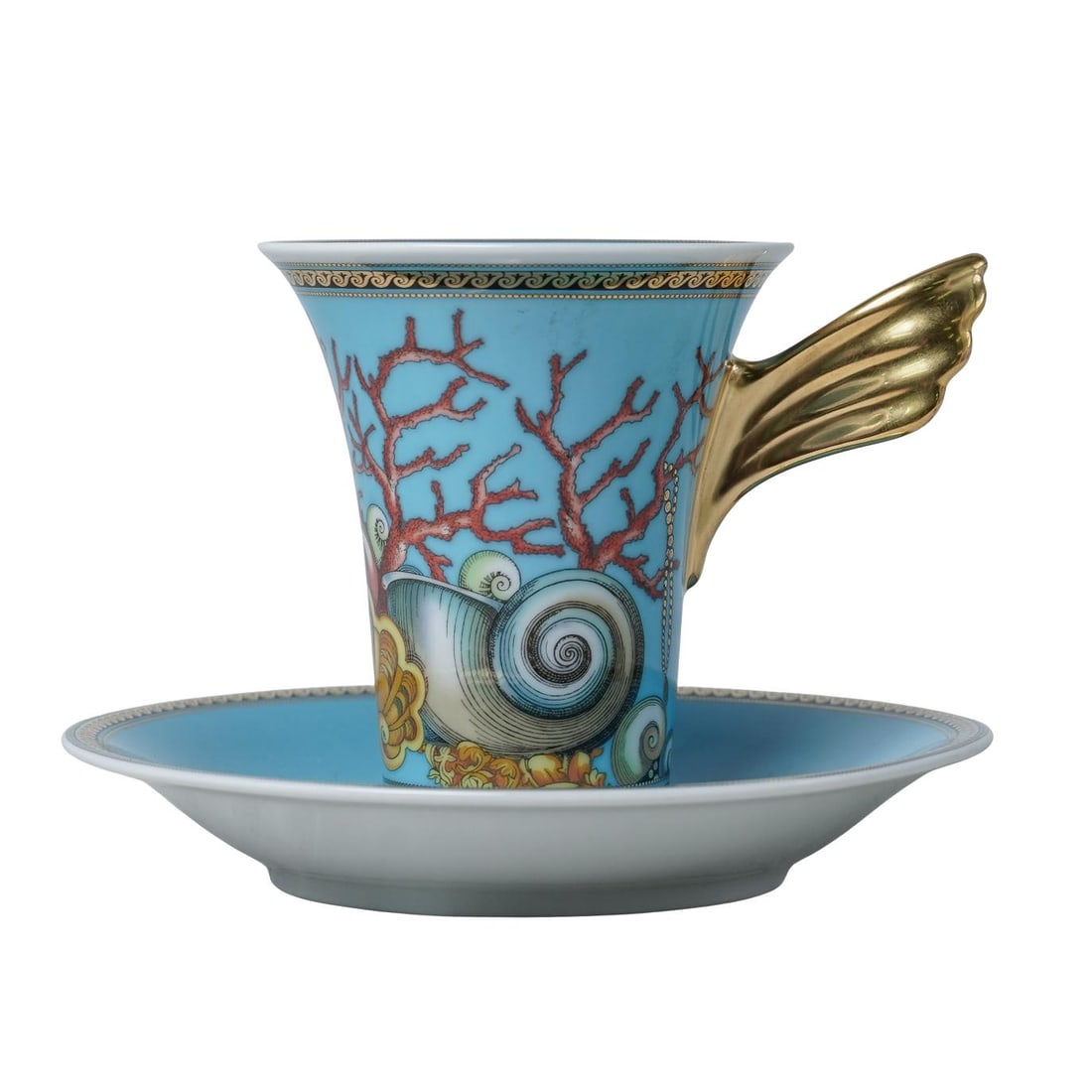 Versace x Rosenthal Les Tresors De La Mer Coffee Cup & Saucer: Versace x Rosenthal Les Tresors De La Mer Coffee Cup & SaucerLate 20th c., GermanyPorcelain cup and saucer set in the iconic "Les Trésors de La Mer" ("Treasures of the Sea") pattern, showcasing sea l