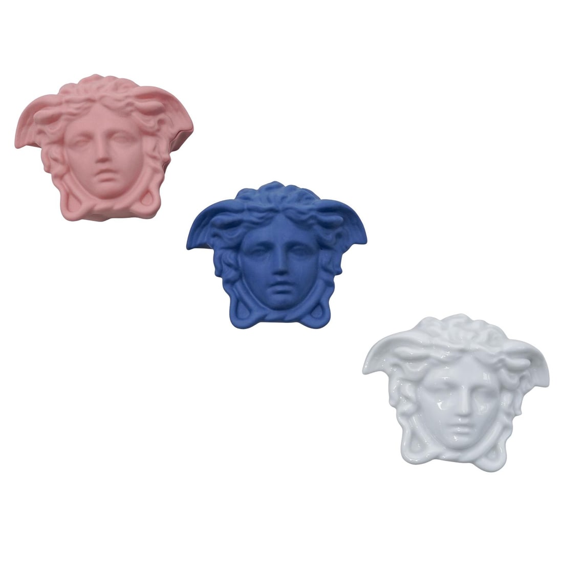 (3 Pc) Versace x Rosenthal "Gypsy" Porcelain Medusa Boxes: (3 Pc) Versace x Rosenthal "Gypsy" Porcelain Medusa Boxes20th century, GermanyThese porcelain decorative containers feature a distinctive lid modeled in relief as the iconic Medusa Head. Lot includes: