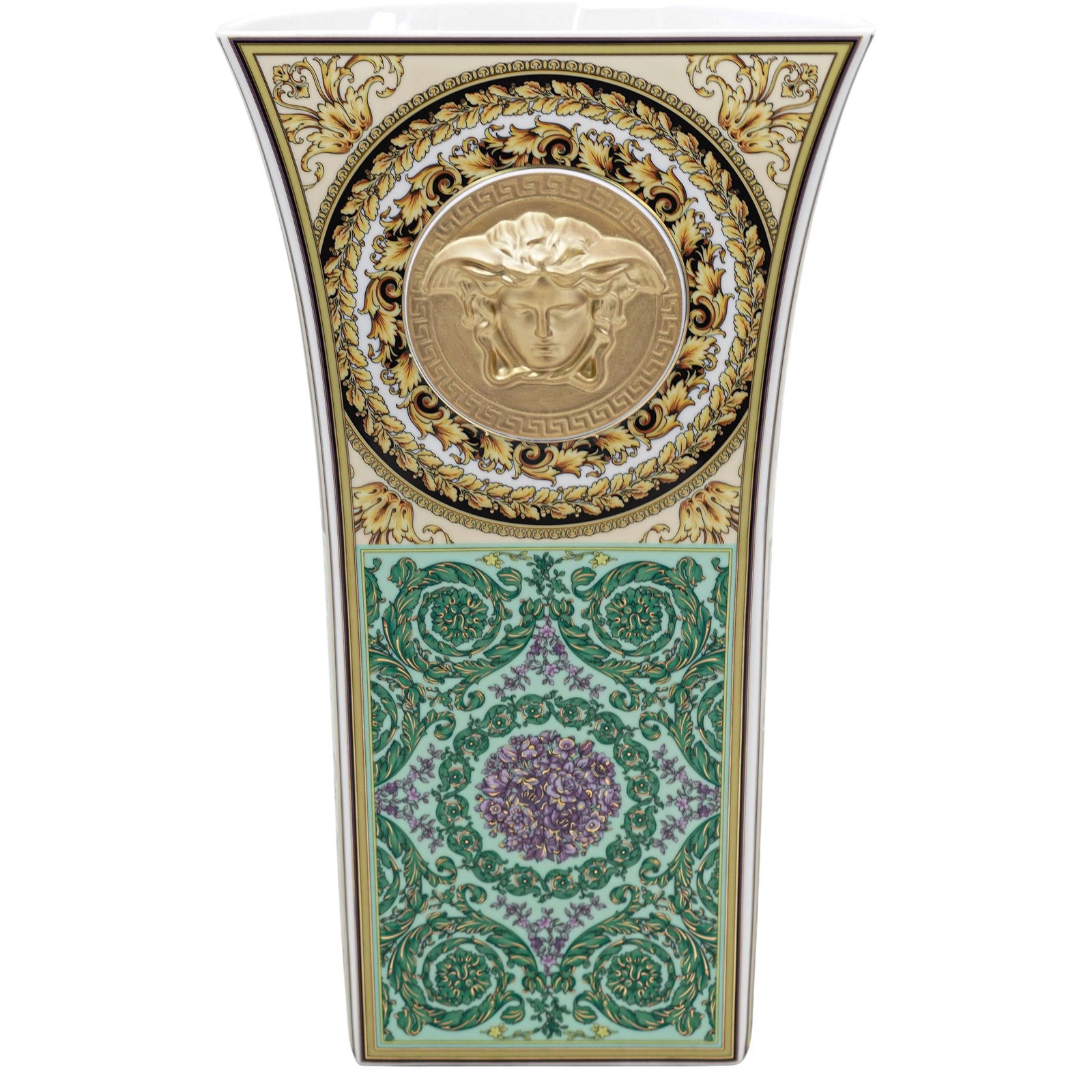 Versace x Rosenthal Large Porcelain "Barocco Mosaic" Vase: Versace x Rosenthal Large Porcelain "Barocco Mosaic" Vase20th century, GermanyThe x-large porcelain vase features the iconic raised Medusa head emblem, ornate gold details, pastel purple and mint gree