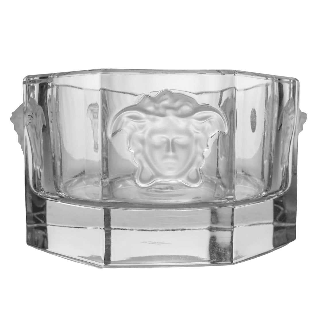 Versace x Rosenthal "Medusa Lumiere" Crystal Coaster: Versace x Rosenthal "Medusa Lumiere" Crystal CoasterLate 20th century, GermanVersace Medusa Lumiere crystal bottle coaster, a luxurious barware piece from the long-standing collaboration between Versa