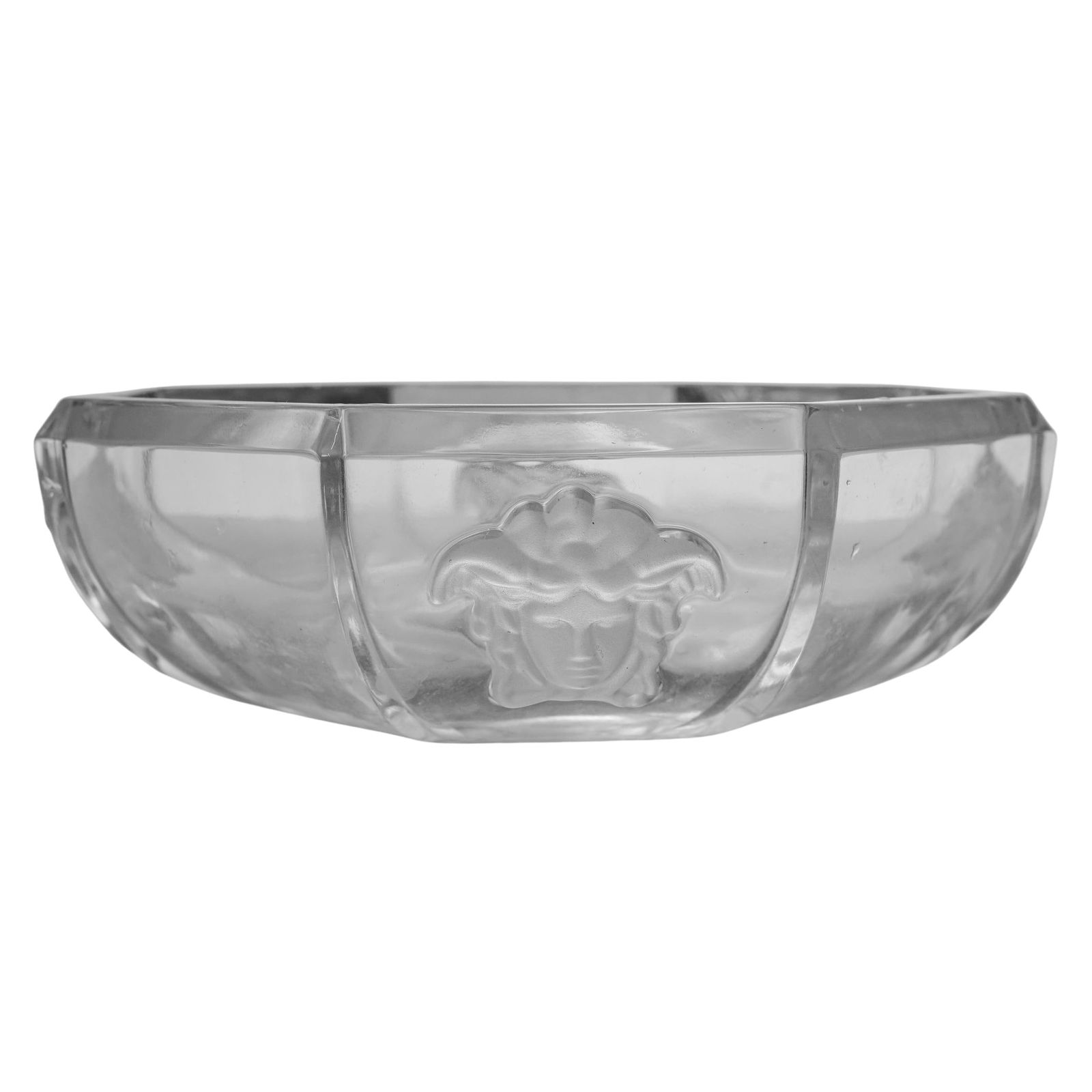 Versace x Rosenthal "Medusa Lumiere" Crystal Dish: Versace x Rosenthal "Medusa Lumiere" Crystal DishLate 20th century, GermanMedusa Lumiere crystal dish designed by Versace fo Rosenthal, featuring the iconic Versace Medusa face on four sides in an oct